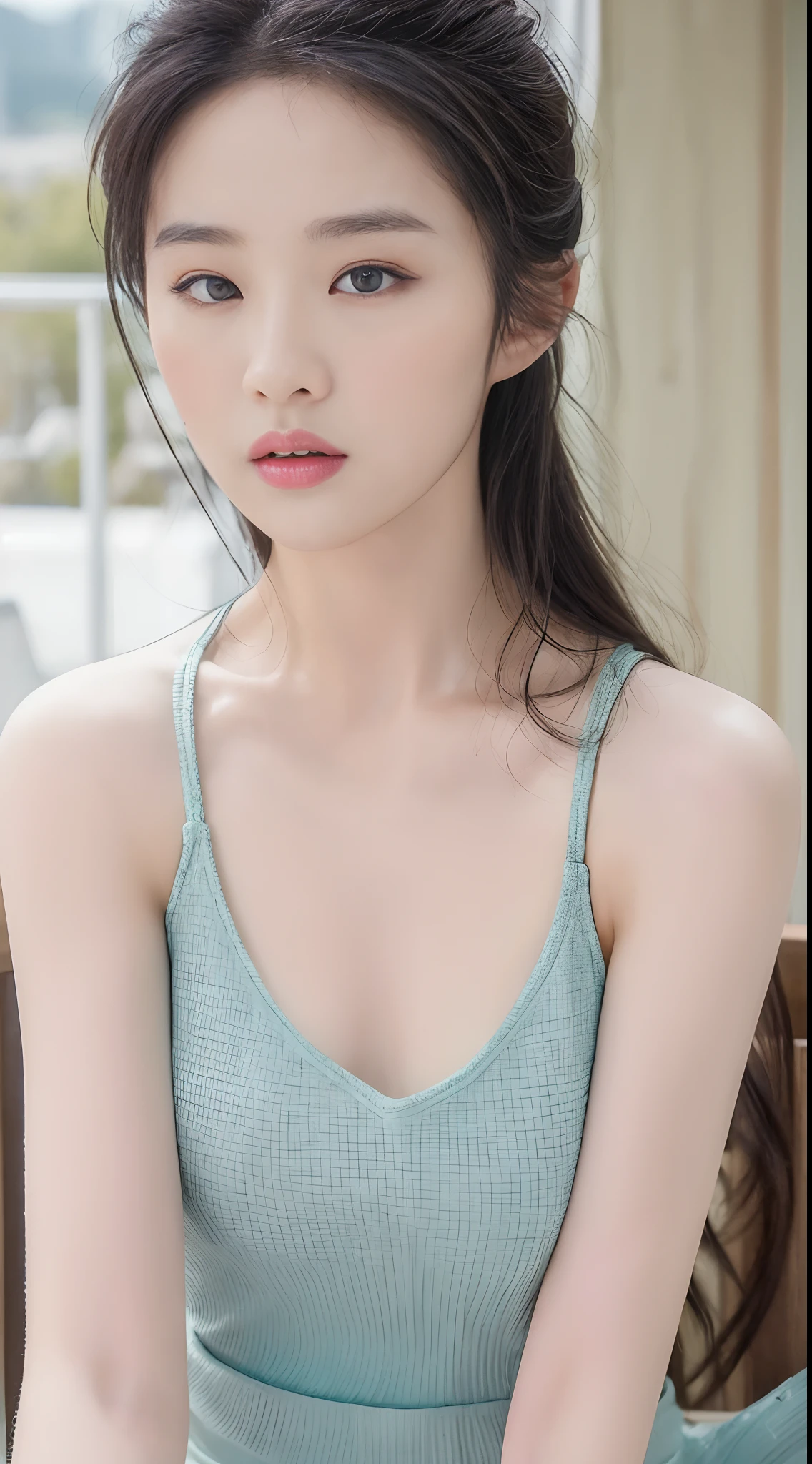 ((Best quality, 8k, Masterpiece :1.3)), 1girl, Pretty woman with emphasizing slender abs :1.3, (random hairstyles :1.2), Oversized tank top :1.2, Ultra-detailed face, Detailed eyes, Double eyelid