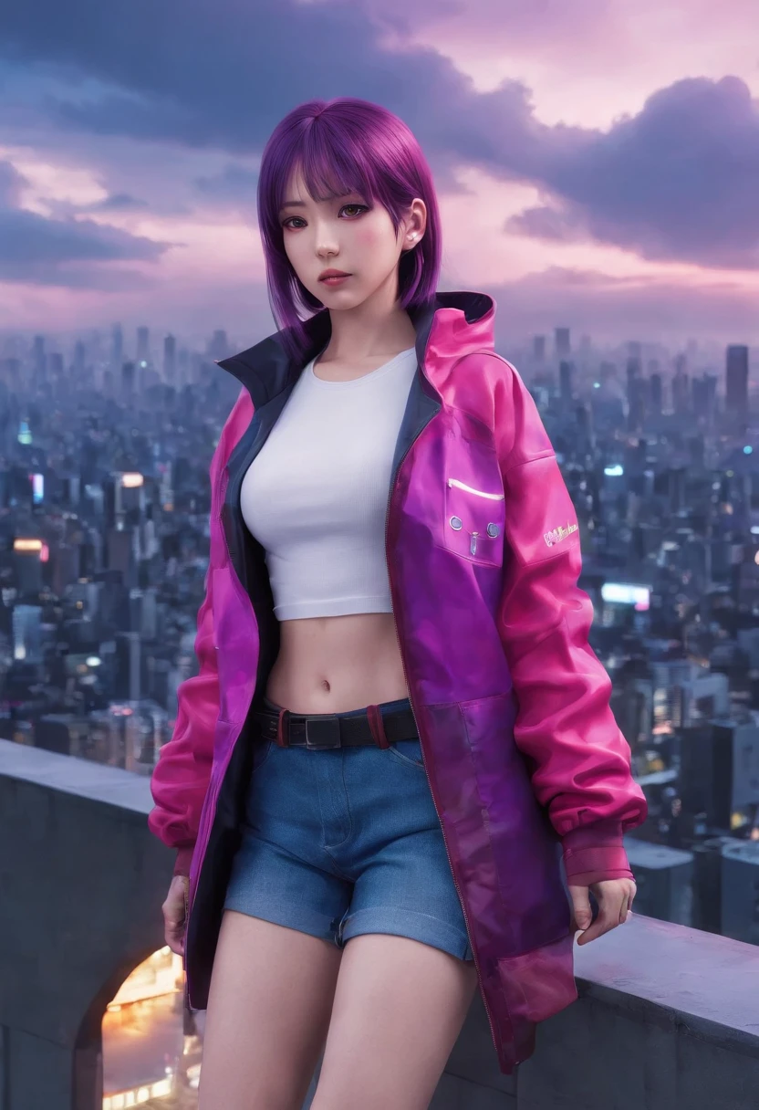 Close-up of the city with neon sunset in the background, Synthwave City, vaporwave city, Synthwave aesthetics, Neon City in the background, Background of Neo Tokyo, Neon metropolis in the background, Futuristic urban background, cyberpunk aesthetics, The city's backstory is cyberpunk, Purple Cyberpunk City, cyberpunk city background, cyberpunk aesthetics, cyberpunk atmosphere, Cyberpunk cityscape,anime clouds, Anime background, anime sky, in style of makoto shinkai, Beautiful puffy clouds. the anime, style of makoto shinkai, makoto sinkai!, beautiful anime scenery, based on Makoto Shinkai, Anime Landscape Wallpaper, makoto sinkai!!, Makoto Shinkai art style,japanaese girl,pale skin,beatiful face(purple hair)red jacket,Tokyo at night, with Cyberpunk style,Japanese streetwear,Tokyo Fashion,In a Cyberpunk 2 jacket 0 7 7,Full-length,attractive pose,Bottom view