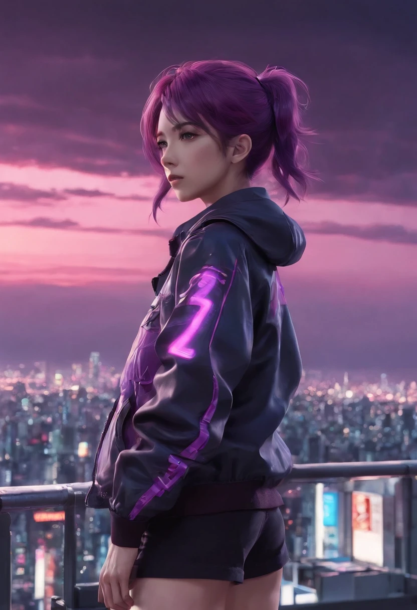 Close-up of the city with neon sunset in the background, Synthwave City, vaporwave city, Synthwave aesthetics, Neon City in the background, Background of Neo Tokyo, Neon metropolis in the background, Futuristic urban background, cyberpunk aesthetics, The city's backstory is cyberpunk, Purple Cyberpunk City, cyberpunk city background, cyberpunk aesthetics, cyberpunk atmosphere, Cyberpunk cityscape,anime clouds, Anime background, anime sky, in style of makoto shinkai, Beautiful puffy clouds. the anime, style of makoto shinkai, makoto sinkai!, beautiful anime scenery, based on Makoto Shinkai, Anime Landscape Wallpaper, makoto sinkai!!, Makoto Shinkai art style,japanaese girl,pale skin,beatiful face(purple hair)red jacket,Tokyo at night, with Cyberpunk style,Japanese streetwear,Tokyo Fashion,In a Cyberpunk 2 jacket 0 7 7,Full-length,attractive pose,Bottom view