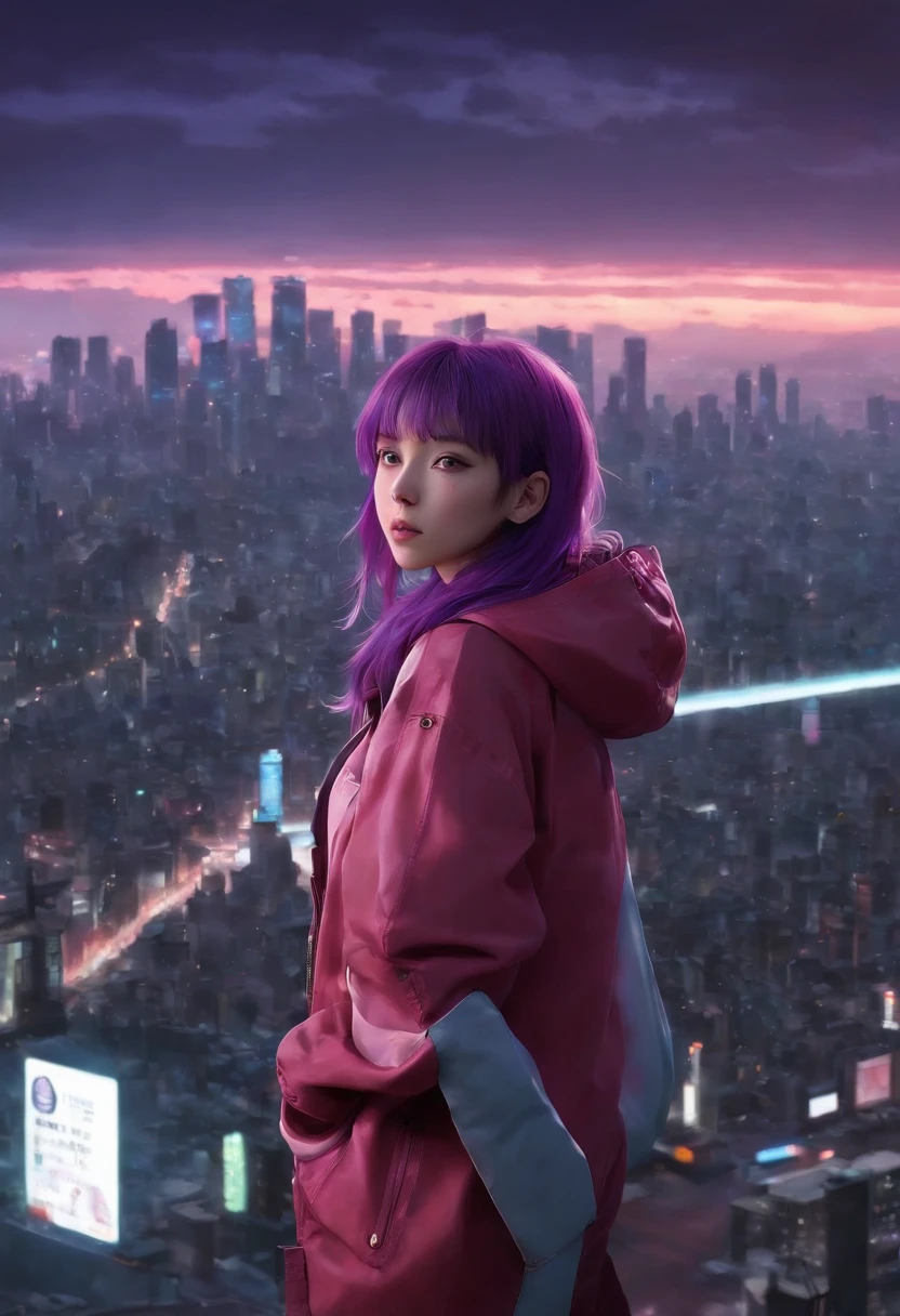 Close-up of the city with neon sunset in the background, Synthwave City, vaporwave city, Synthwave aesthetics, Neon City in the background, Background of Neo Tokyo, Neon metropolis in the background, Futuristic urban background, cyberpunk aesthetics, The city's backstory is cyberpunk, Purple Cyberpunk City, cyberpunk city background, cyberpunk aesthetics, cyberpunk atmosphere, Cyberpunk cityscape,anime clouds, Anime background, anime sky, in style of makoto shinkai, Beautiful puffy clouds. the anime, style of makoto shinkai, makoto sinkai!, beautiful anime scenery, based on Makoto Shinkai, Anime Landscape Wallpaper, makoto sinkai!!, Makoto Shinkai art style,japanaese girl,pale skin,beatiful face(purple hair)red jacket,Tokyo at night, with Cyberpunk style,Japanese streetwear,Tokyo Fashion,In a Cyberpunk 2 jacket 0 7 7,Full-length,attractive pose,Bottom view