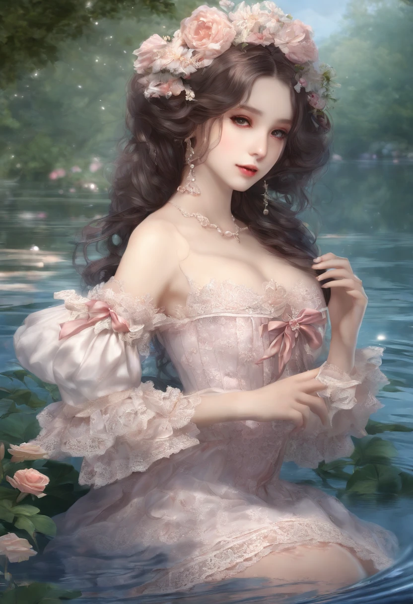 (lingerie:1.3), Takanobu Fujiwara(Takanobu Fujiwara)Digital rendering inspired by, pixiv, rococo, Victoria Gothic Lolita Fashion, Lolita Style,lolita fashion, one-piece,She is swimming in the lake,petticoat