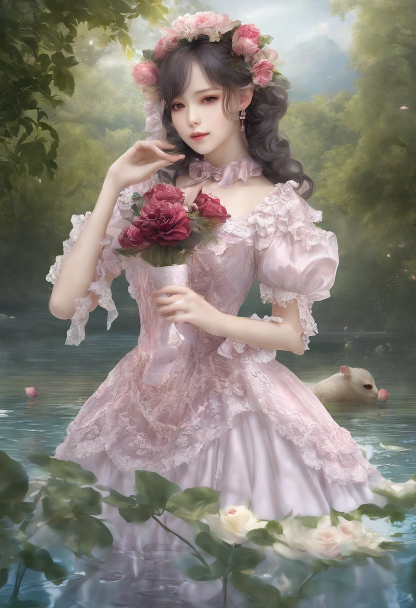 (lingerie:1.3), Takanobu Fujiwara(Takanobu Fujiwara)Digital rendering inspired by, pixiv, rococo, Victoria Gothic Lolita Fashion, Lolita Style,lolita fashion, one-piece,She is swimming in the lake,petticoat