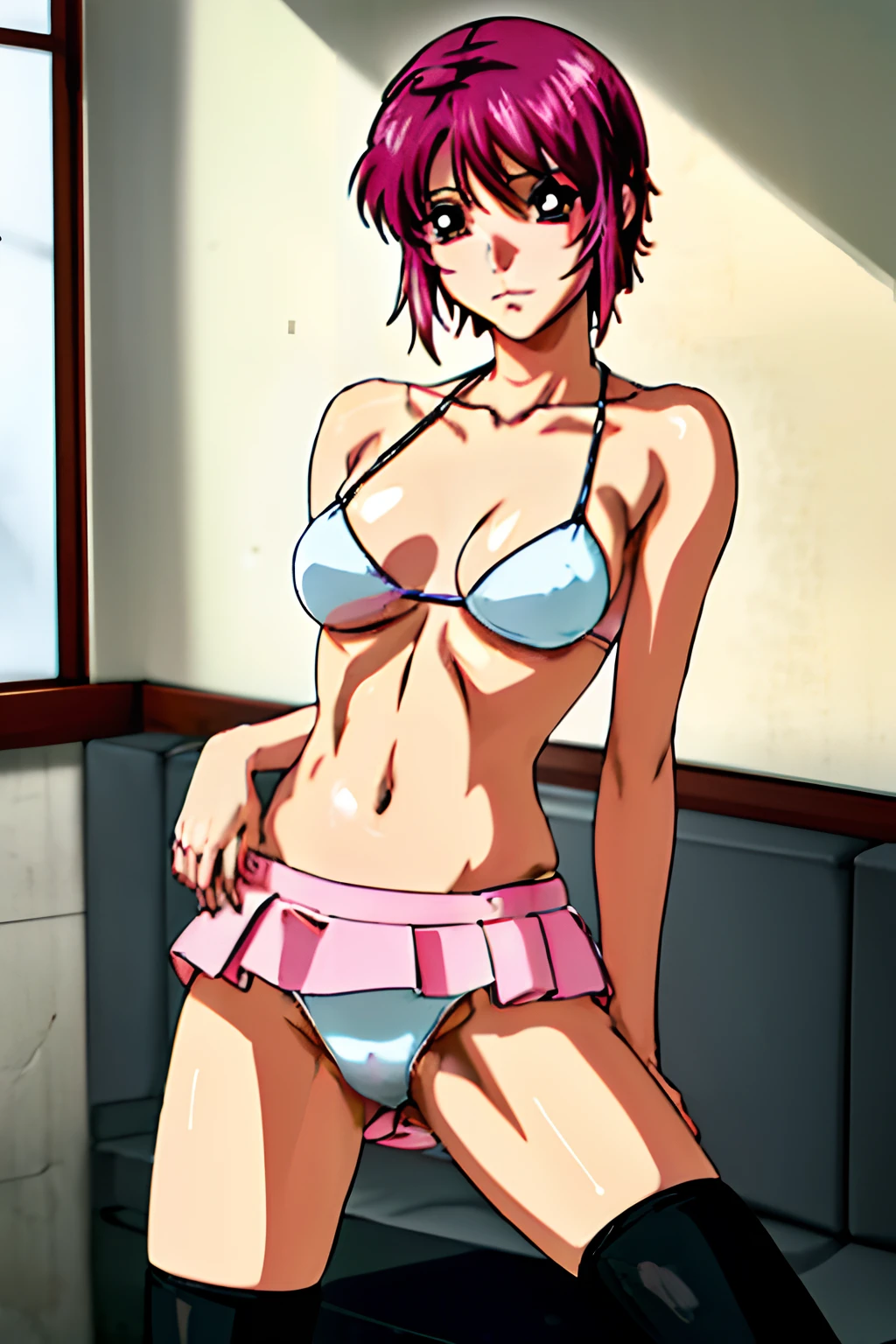 masterpiece, top-quality, Hi-Res, 1girl in, 独奏, Pink skirt,White panty、Open her legs、Bikini Top, Beautiful ass、shorth hair, Ahoge, black thigh, red hairs, a purple eye, purple color hair, sunflowers, frowned, Slouched,