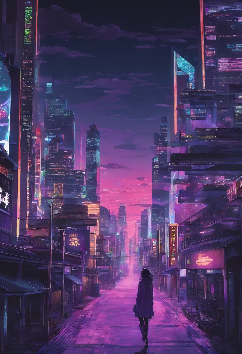 Close-up of the city with neon sunset in the background, Synthwave City, vaporwave city, Synthwave aesthetics, Neon City in the background, Background of Neo Tokyo, Neon metropolis in the background, Futuristic urban background, cyberpunk aesthetics, The city's backstory is cyberpunk, Purple Cyberpunk City, cyberpunk city background, cyberpunk aesthetics, cyberpunk atmosphere, Cyberpunk cityscape,anime clouds, Anime background, anime sky, in style of makoto shinkai, Beautiful puffy clouds. the anime, style of makoto shinkai, makoto sinkai!, beautiful anime scenery, based on Makoto Shinkai, Anime Landscape Wallpaper, makoto sinkai!!, Makoto Shinkai art style,japanaese girl,pale skin,beatiful face(purple hair)red jacket,Tokyo at night, with Cyberpunk style,Japanese streetwear,Tokyo Fashion,In a Cyberpunk 2 jacket 0 7 7,Full-length,attractive pose,Bottom view