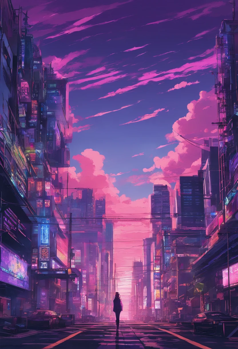 Close-up of the city with neon sunset in the background, Synthwave City, vaporwave city, Synthwave aesthetics, Neon City in the background, Background of Neo Tokyo, Neon metropolis in the background, Futuristic urban background, cyberpunk aesthetics, The city's backstory is cyberpunk, Purple Cyberpunk City, cyberpunk city background, cyberpunk aesthetics, cyberpunk atmosphere, Cyberpunk cityscape,anime clouds, Anime background, anime sky, in style of makoto shinkai, Beautiful puffy clouds. the anime, style of makoto shinkai, makoto sinkai!, beautiful anime scenery, based on Makoto Shinkai, Anime Landscape Wallpaper, makoto sinkai!!, Makoto Shinkai art style,japanaese girl,pale skin,beatiful face(purple hair)red jacket,Tokyo at night, with Cyberpunk style,Japanese streetwear,Tokyo Fashion,In a Cyberpunk 2 jacket 0 7 7,Full-length,attractive pose,Bottom view