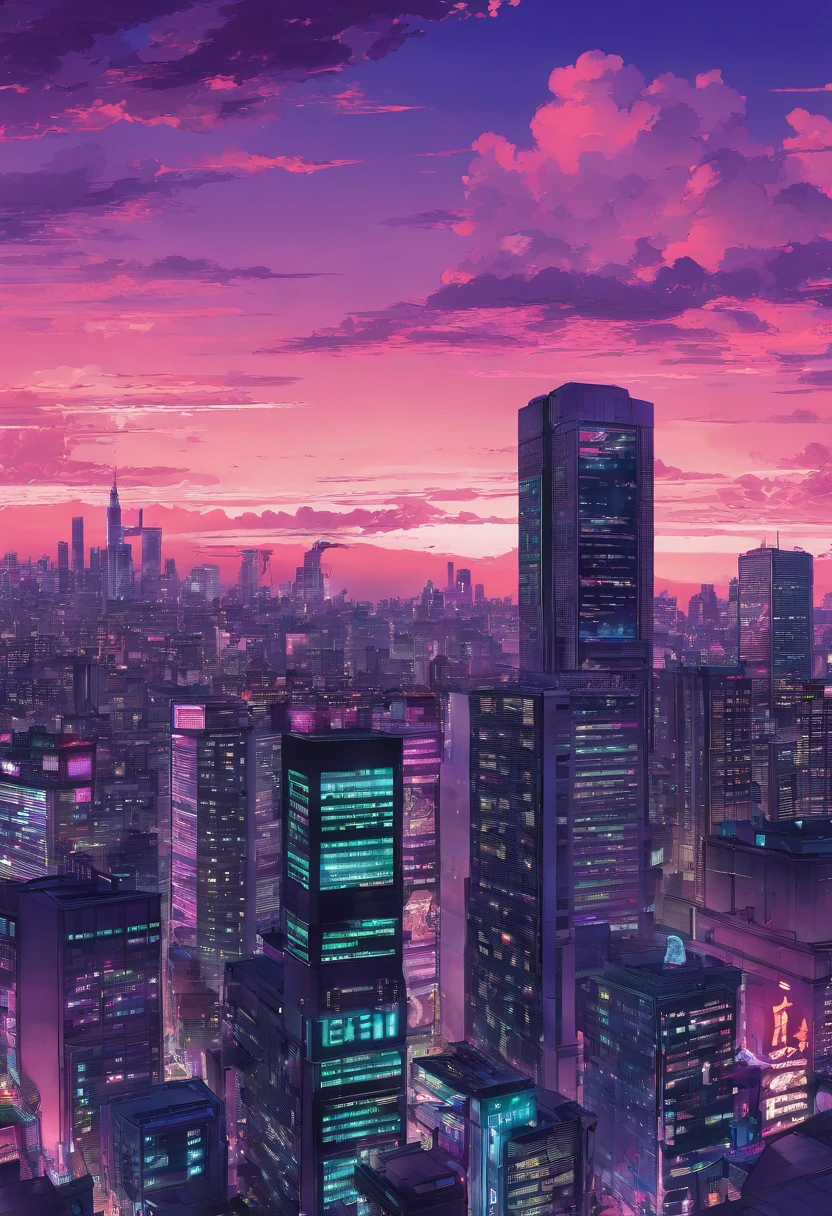 Close-up of the city with neon sunset in the background, Synthwave City, vaporwave city, Synthwave aesthetics, Neon City in the background, Background of Neo Tokyo, Neon metropolis in the background, Futuristic urban background, cyberpunk aesthetics, The city's backstory is cyberpunk, Purple Cyberpunk City, cyberpunk city background, cyberpunk aesthetics, cyberpunk atmosphere, Cyberpunk cityscape,anime clouds, Anime background, anime sky, in style of makoto shinkai, Beautiful puffy clouds. the anime, style of makoto shinkai, makoto sinkai!, beautiful anime scenery, based on Makoto Shinkai, Anime Landscape Wallpaper, makoto sinkai!!, Makoto Shinkai art style,japanaese girl,pale skin,beatiful face(purple hair)red jacket,Tokyo at night, with Cyberpunk style,Japanese streetwear,Tokyo Fashion,In a Cyberpunk 2 jacket 0 7 7,Full-length,attractive pose,Bottom view