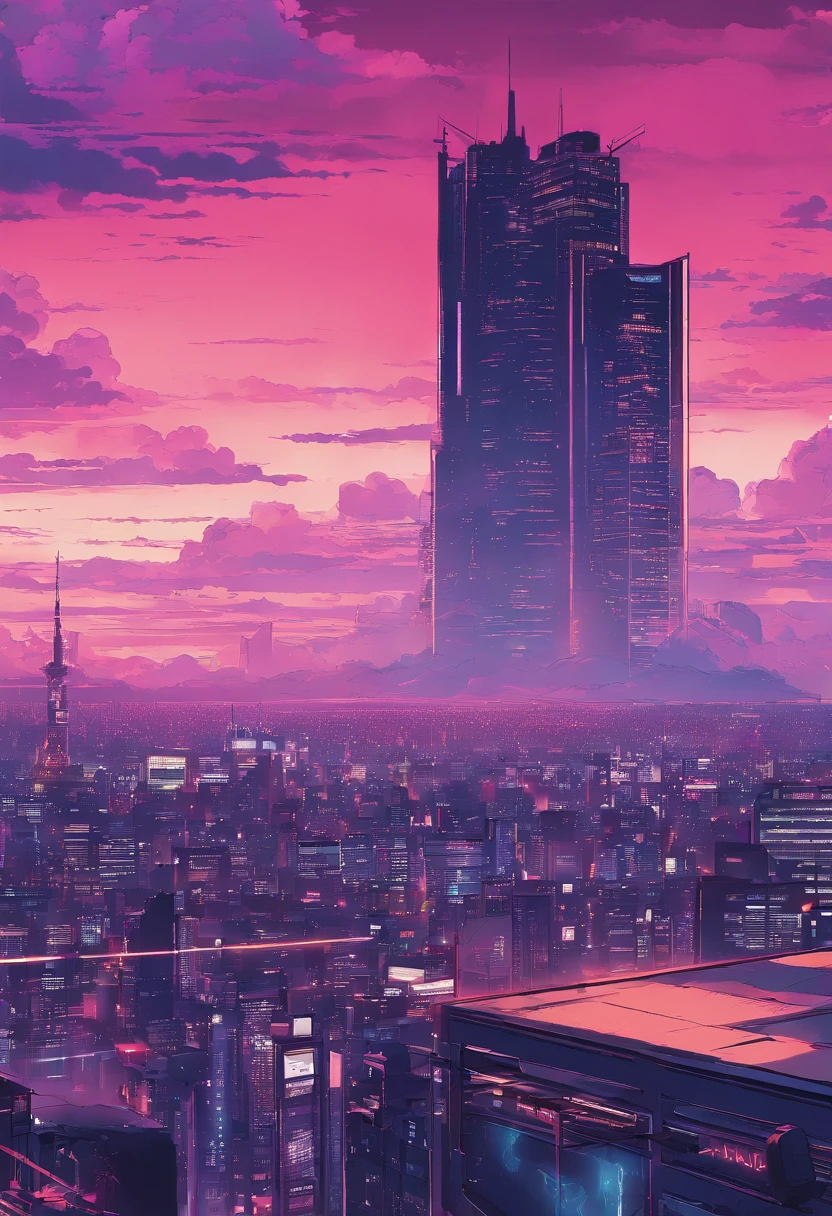Close-up of the city with neon sunset in the background, Synthwave City, vaporwave city, Synthwave aesthetics, Neon City in the background, Background of Neo Tokyo, Neon metropolis in the background, Futuristic urban background, cyberpunk aesthetics, The city's backstory is cyberpunk, Purple Cyberpunk City, cyberpunk city background, cyberpunk aesthetics, cyberpunk atmosphere, Cyberpunk cityscape,anime clouds, Anime background, anime sky, in style of makoto shinkai, Beautiful puffy clouds. the anime, style of makoto shinkai, makoto sinkai!, beautiful anime scenery, based on Makoto Shinkai, Anime Landscape Wallpaper, makoto sinkai!!, Makoto Shinkai art style,japanaese girl,pale skin,beatiful face(purple hair)red jacket,Tokyo at night, with Cyberpunk style,Japanese streetwear,Tokyo Fashion,In a Cyberpunk 2 jacket 0 7 7,Full-length,attractive pose,Bottom view