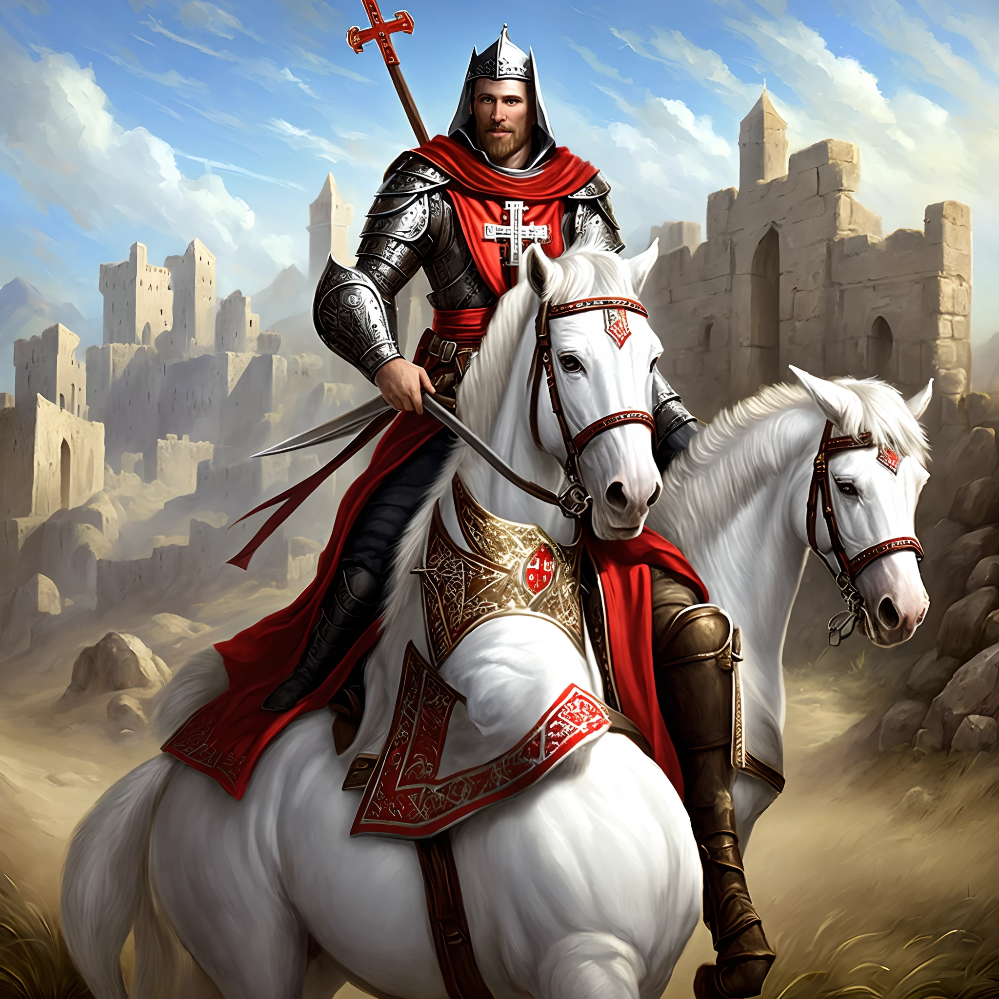 There was a medieval Templar gentleman named Sir Roland, whose devotion to the Order was unwavering. He wore his white armor with the symbol of the red cross and rode his fearless horse through the sacred lands of the Holy Land.