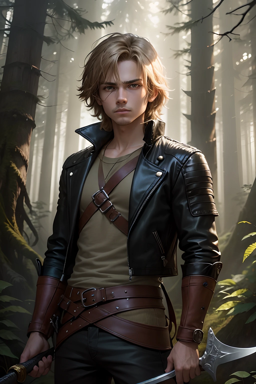 Create an image of a brave young adventurer. He has shaggy hair, wearing a leather jacket and holding a gleaming sword. Place it in a mysterious forest with tall trees and long shadows. Sunlight shines through the leaves, creating a magical and mysterious atmosphere. Illustration style: realistic with a touch of fantasy. The image should look like an oil painting. I want vibrant colors and a sense of movement