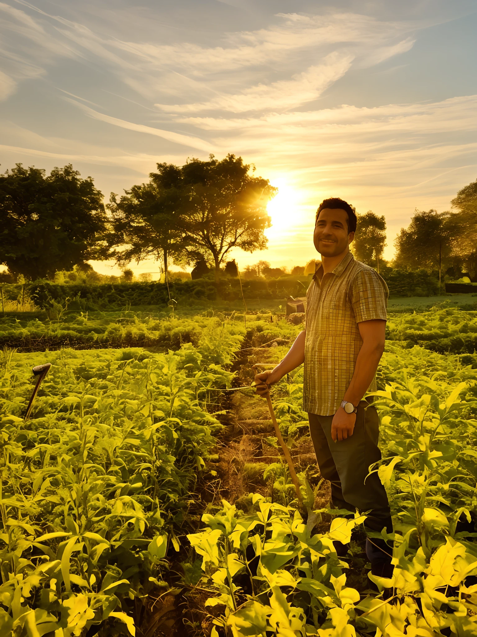 arafed man standing in a field with a stick in his hand, idyllic and fruitful land, villagers busy farming, photo taken in 2 0 2 0, in garden, farm land, very very low quality picture, in a field, amidst nature, standing in a field, with village, sun is shining, taken at golden hour, farmer, outside in a farm