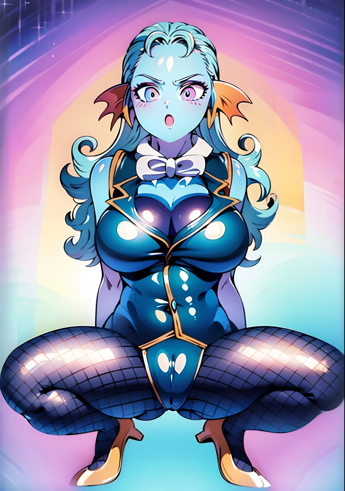 8K, High Definition, Animated, married woman, Beautiful, a small face, clean, Bright, Eye Highlights, Sexy, Erotic, beautiful line art.
light blue skin, Blue and orange gradient ear fins, Black Bunny Girl, Bunny suit, Red underwear pants, Simple backgrounds、 Black netting on legs, Crouching posture,