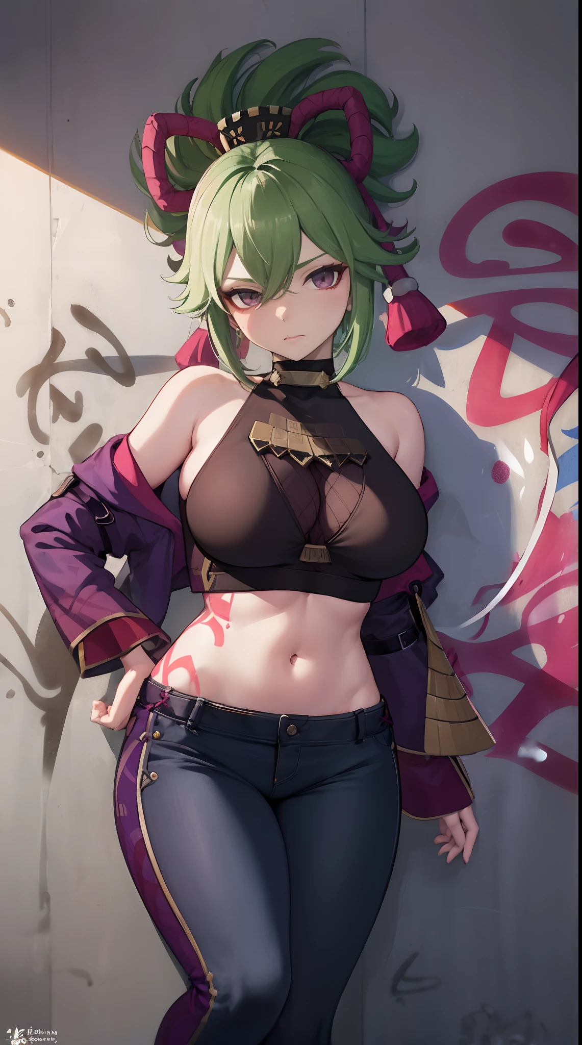 Kuki Shinobu|genshin impact, master-piece, bestquality, 1girls,25 years old, proportional body, elongated legs, Beautiful, proportional., crop top, Long Jeans, gigantic breasts, ,bara, crop top, choker, (Graffiti:1.5), Splash with purple lightning pattern., arm behind back, against wall, View viewers from the front., Thigh strap, Head tilt, bored,