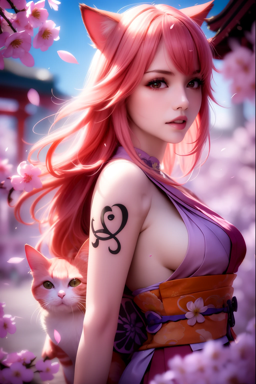 masterpiece, (photorealistic:1.5), best quality, beautiful lighting, real life,
nami \(one piece\),
1girl, architecture, cherry blossoms, east asian architecture, falling petals, gold, japanese clothes, kimono, log pose, long pink hair, pink cat ears, looking at viewer, open mouth, pink hair, petals, shoulder tattoo, solo, tattoo, teeth, upper teeth only
, intricate, high detail, sharp focus, dramatic, beautiful girl , (RAW photo, 8k uhd, film grain), caustics, subsurface scattering, reflections
