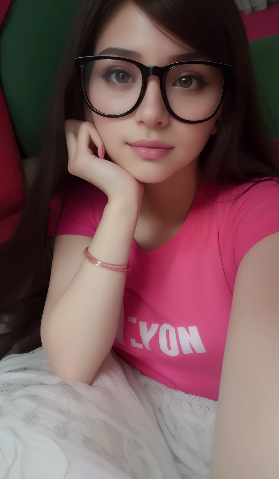 there is a woman with glasses sitting on a bed with a pink shirt, with accurate face, candid photo, student, with lovely look, candid picture, candid photograph, attractive photo, with sunglass, attractive girl, potrait, young and cute girl, with glasses, casual, teen, casual photography, selfie, cute photo, teen girl, girl next door innocent look