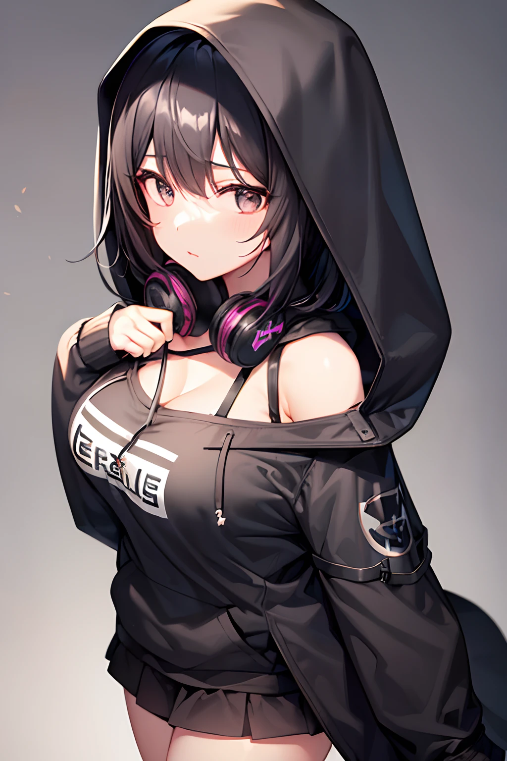 1 girl, black hair, shorth hair, black eyes, expressionless, (large breasts), Black hoodie, hood up, short black skirt, headphones, from below,