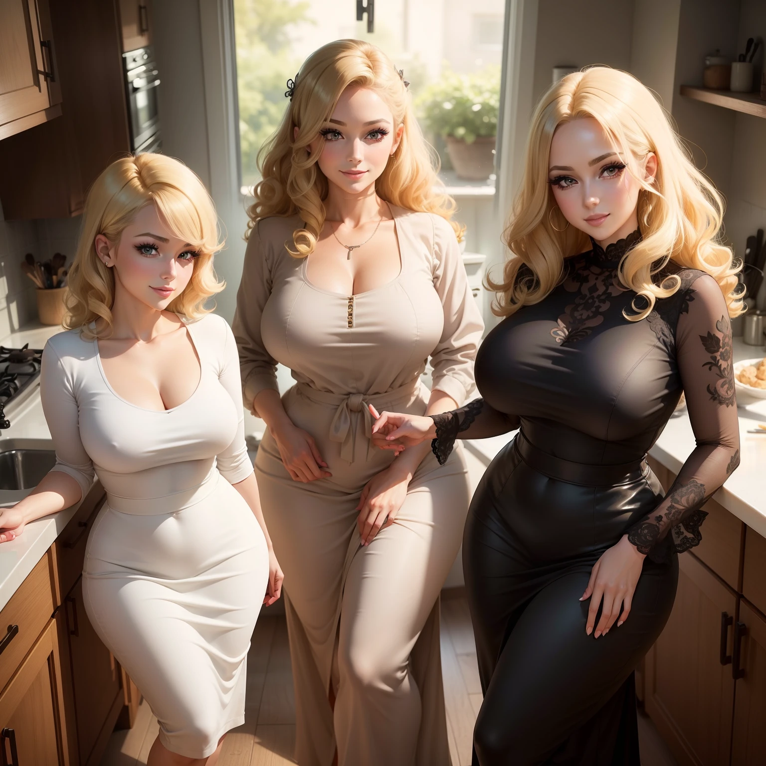 (masutepiece:1.2), (Best Quality:1.2), Full body portrait,Perfect eyes, Perfect face, Perfect Lighting, 1girl in, Mature woman in the field, medium blonde hair, Curly hair, detailed  clothes, 1960s kitchen, makeup, eyeshadows, thick eyelashes, Fantasy, Looking at the viewer, Happy,