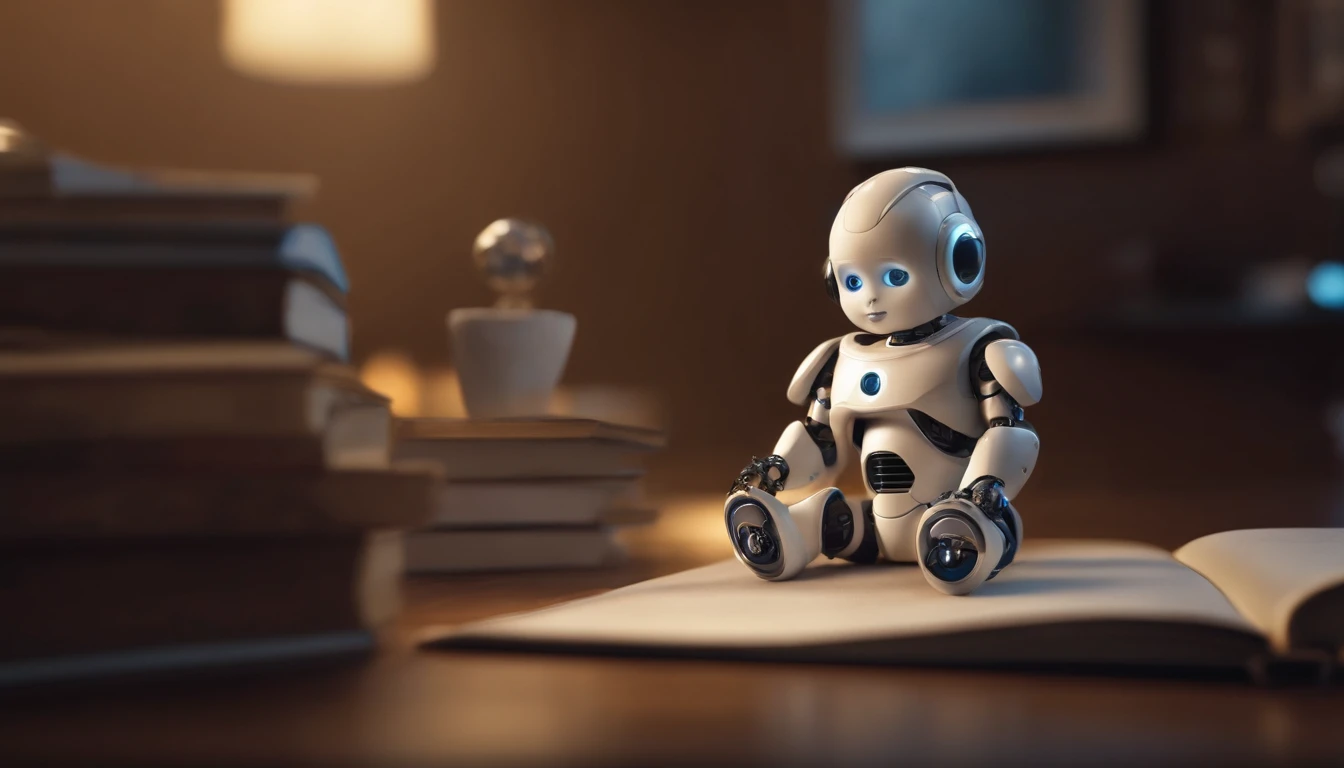 A baby, escrevendo no live, na sala com livros, wide vision, ultra realista, altamente detalhado, pintura digital, arte conceitual, suave, foco nítido, tiro grande angular , babysitter, cute , with a cute baby , There is a cute robot standing in the future city play with a cute baby, which is a very cute robot, cute elaborate epic robot, beautiful robot character design, ??? Robot, Portrait of a futuristic robot, robotic mixed with organic, Future Robot, character, concept robot, White Robot, robot concept art, Steampunk Robot , (masterpiece,extreme detailed,top quality) ,futuristic city