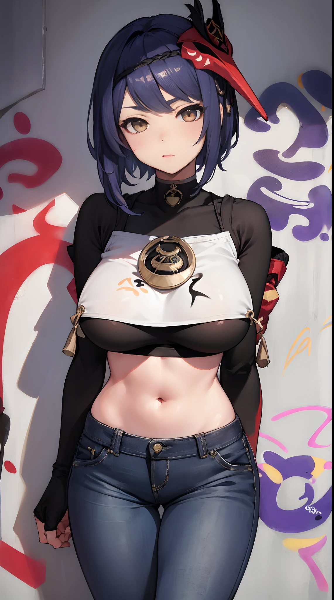 Kujou Sara|genshin impact, master-piece, bestquality, 1girls,25 years old, proportional body, elongated legs, Beautiful, proportional., crop top, Long Jeans, gigantic breasts, ,bara, crop top, choker, (Graffiti:1.5), Splash with purple lightning pattern., arm behind back, against wall, View viewers from the front., Thigh strap, Head tilt, bored,