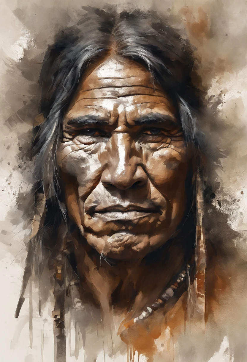 close up face of male native american, amazonia, double exposure, muted colors, wet on wet technique, sketch ink water color style by Misulbu, muted splash art, ink splatter, faded dripping paints. sepia monochrome, soft impressionists brushstrokes, small smile, intimate, perfect anatomy, fading edges, hyper 8K detailed painting, 8k resolution concept art portrait by Greg Rutkowski, Artgerm, WLOP, Alphonse Muccia.. white background,