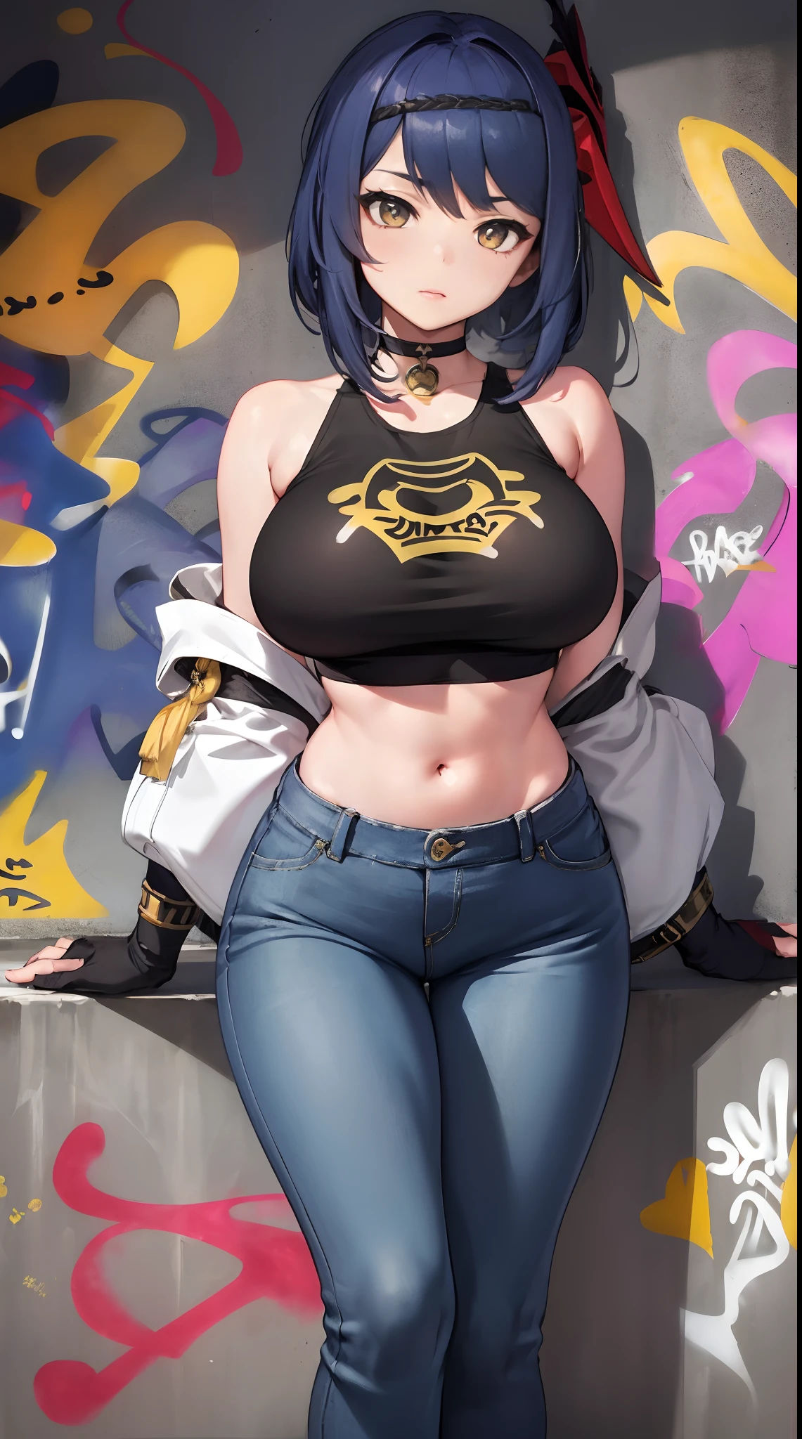 Kujou Sara|genshin impact, master-piece, bestquality, 1girls,25 years old, proportional body, elongated legs, Beautiful, proportional., crop top, Long Jeans, gigantic breasts, ,bara, crop top, choker, (Graffiti:1.5), Splash with purple lightning pattern., arm behind back, against wall, View viewers from the front., Thigh strap, Head tilt, bored,