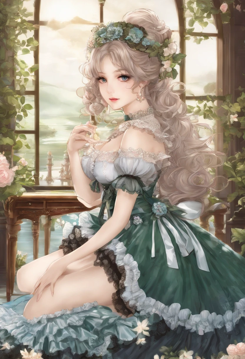 (lingerie:1.3), Takanobu Fujiwara(Takanobu Fujiwara)Digital rendering inspired by, pixiv, rococo, Victoria Gothic Lolita Fashion, Lolita Style,lolita fashion, one-piece,She is swimming in the lake,petticoat