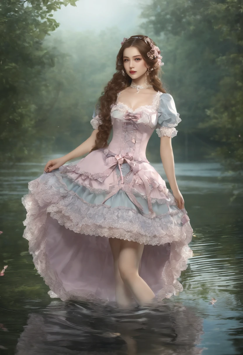(lingerie:1.3), Takanobu Fujiwara(Takanobu Fujiwara)Digital rendering inspired by, pixiv, rococo, Victoria Gothic ta Fashion, Lolityle,lolita fon, one-piece,She is swimming in the lake,petticoat