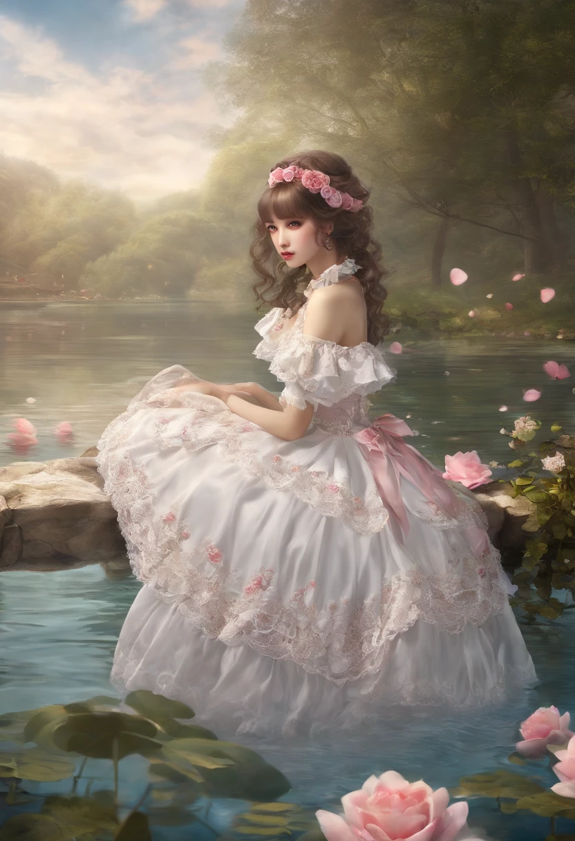 (lingerie:1.3), Takanobu Fujiwara(Takanobu Fujiwara)Digital rendering inspired by, pixiv, rococo, Victoria Gothic ta Fashion, Lolityle,lolita fon, one-piece,She is swimming in the lake,petticoat