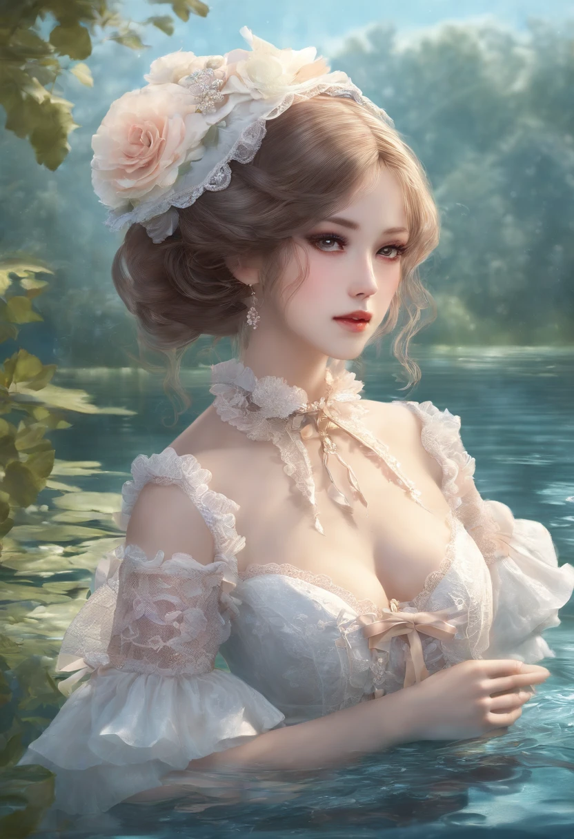 (lingerie:1.3), Takanobu Fujiwara(Takanobu Fujiwara)Digital rendering inspired by, pixiv, rococo, Victoria Gothic ta Fashion, Lolityle,lolita fon, one-piece,She is swimming in the lake,petticoat