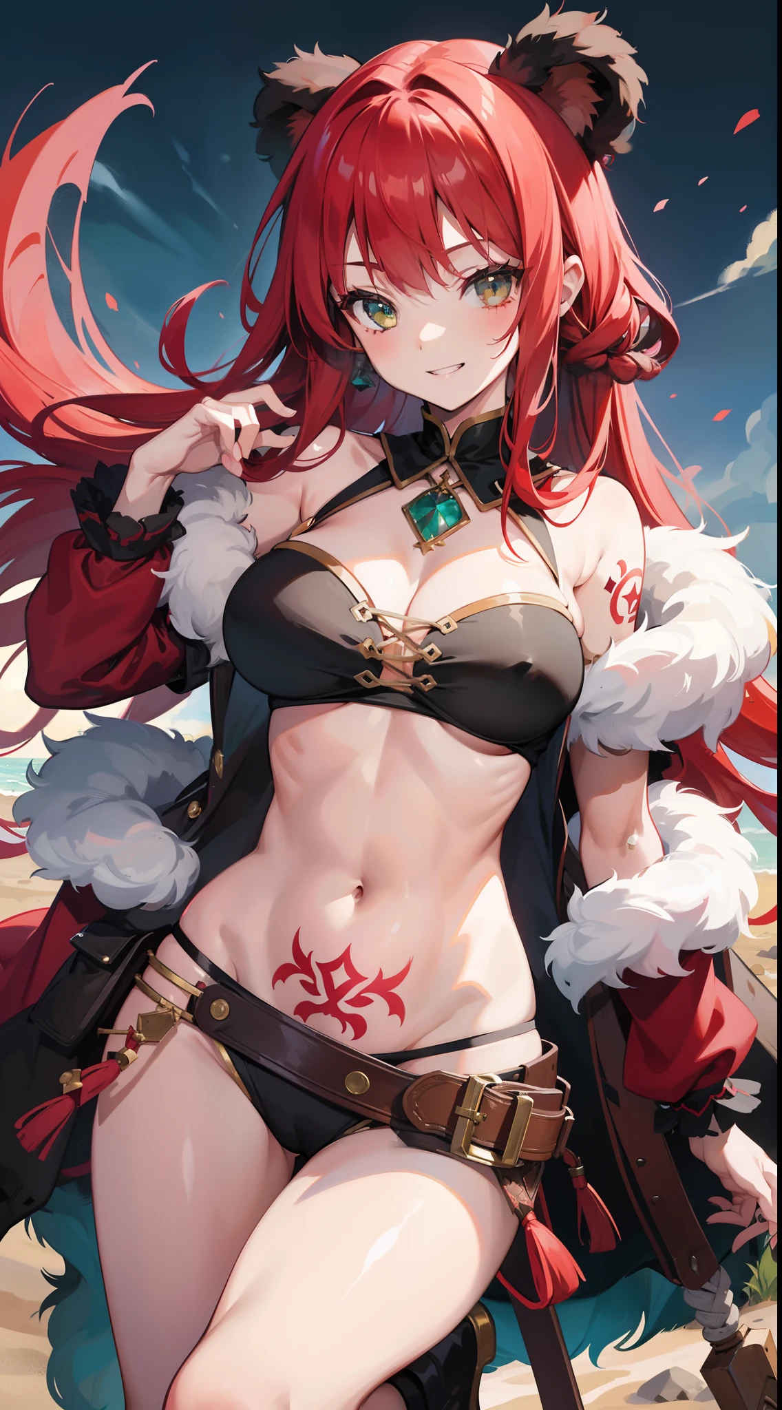 young girl, long curly red hair, Green eyes, large breasts, musculature, barbarian, Smile, teeth, Futhark tattoo, Dressed in a bearskin, Sleeves, open belly, open breasts, Masterpiece, hiquality, 4k, HD, Good detail
