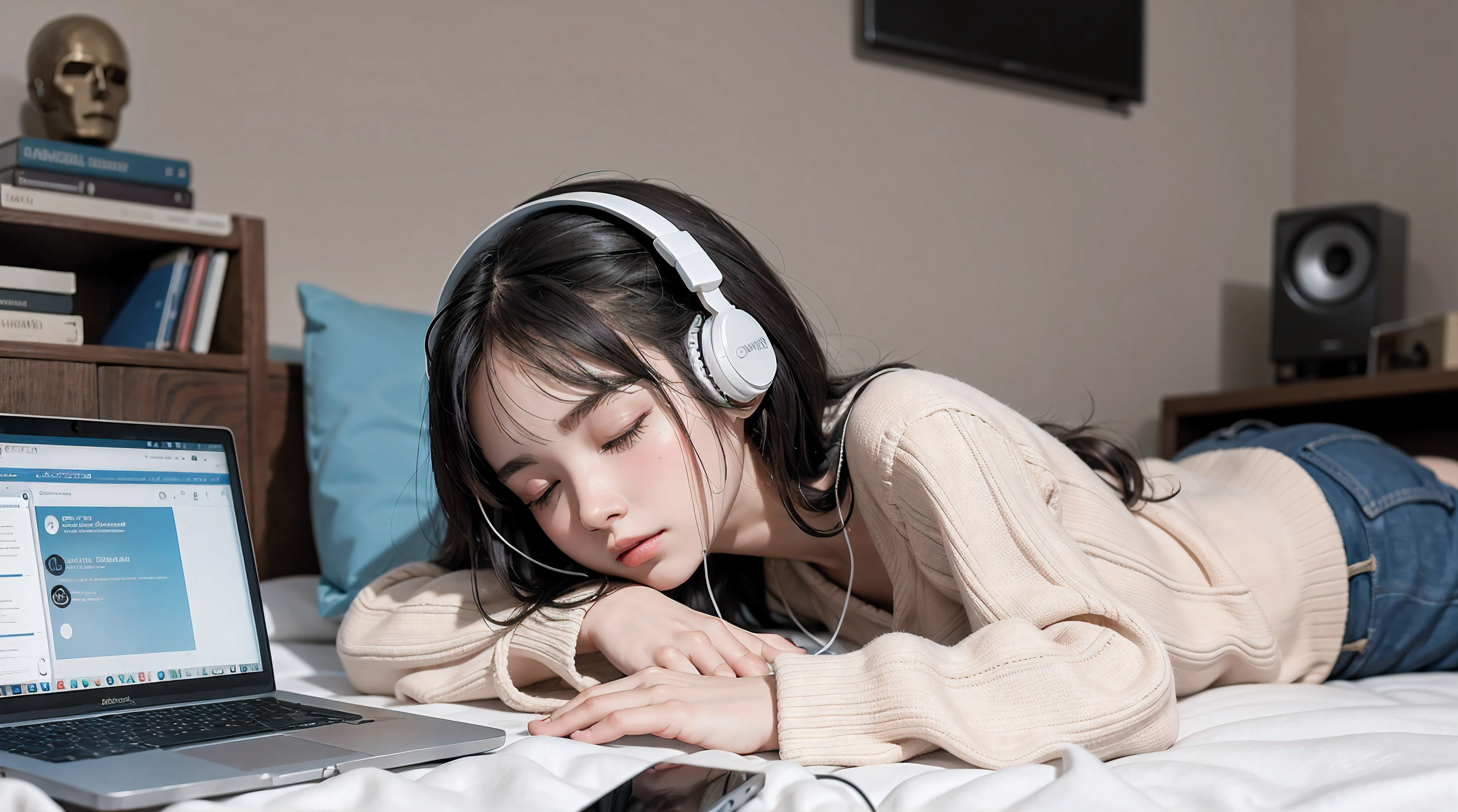 a girl sleeping in her room listening headphones laptops open