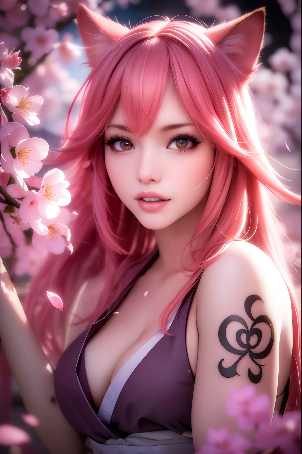 masterpiece, (photorealistic:1.5), best quality, beautiful lighting, real life, 
nami \(one piece\),
1girl, architecture, cherry blossoms, east asian architecture, falling petals, gold, japanese clothes, kimono, log pose, long pink hair, pink cat ears, looking at viewer, open mouth, pink hair, petals, shoulder tattoo, solo, tattoo, teeth, upper teeth only
, intricate, high detail, sharp focus, dramatic, beautiful girl , (RAW photo, 8k uhd, film grain), caustics, subsurface scattering, reflections