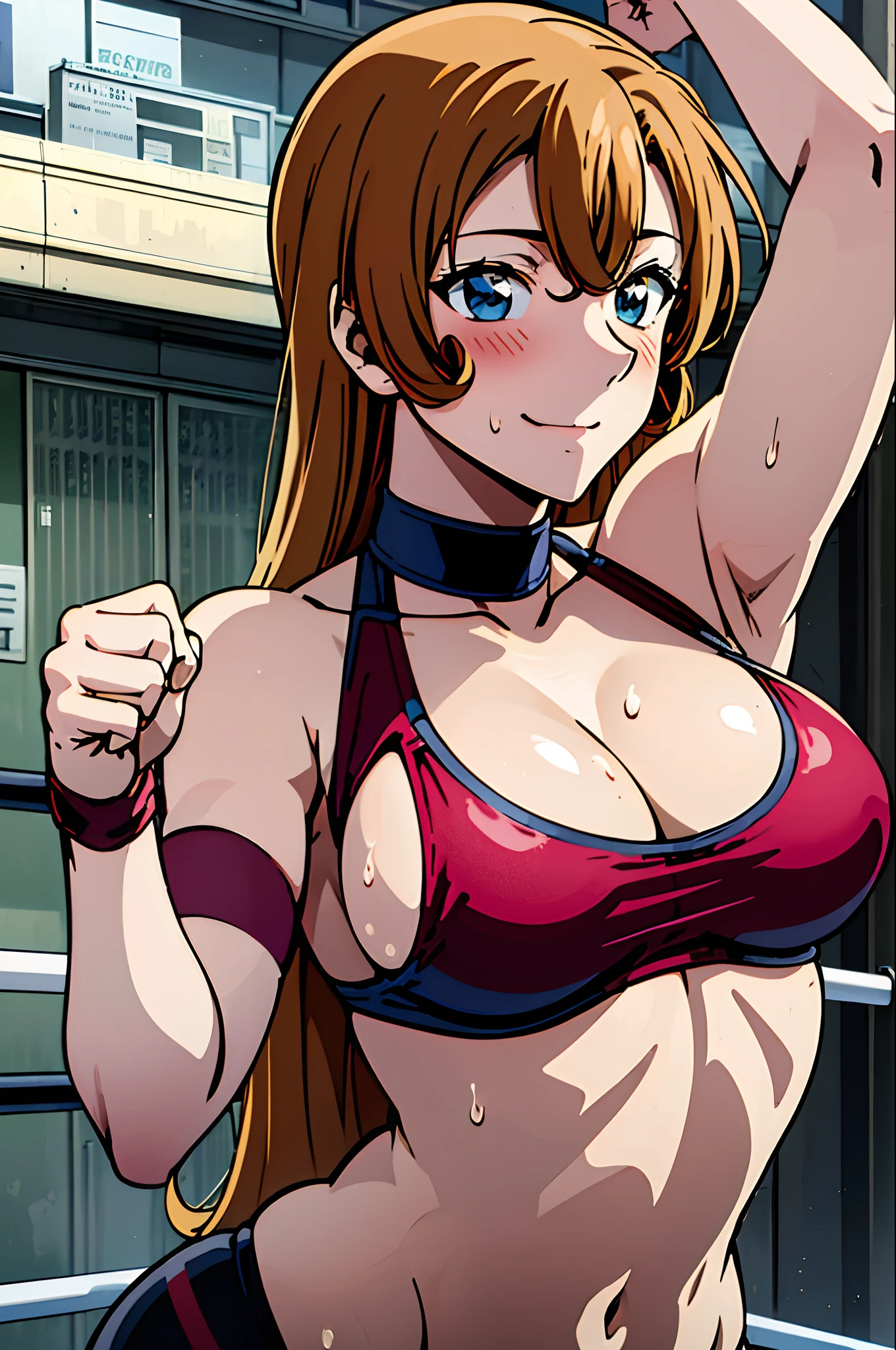 poster, anime style, hires ((wrestling ground)),  (female wrestler), (slender body, sweating, tired), mature woman, milf, (bikini, ultra detailed pro wrestling gear) victorious, gorgeous, winner, kind face, smile, closed mouth, (pale skin, shiny skin, lighting and shadow), big breasts, (only one arm stretching), long belly, closed fists, seductive,