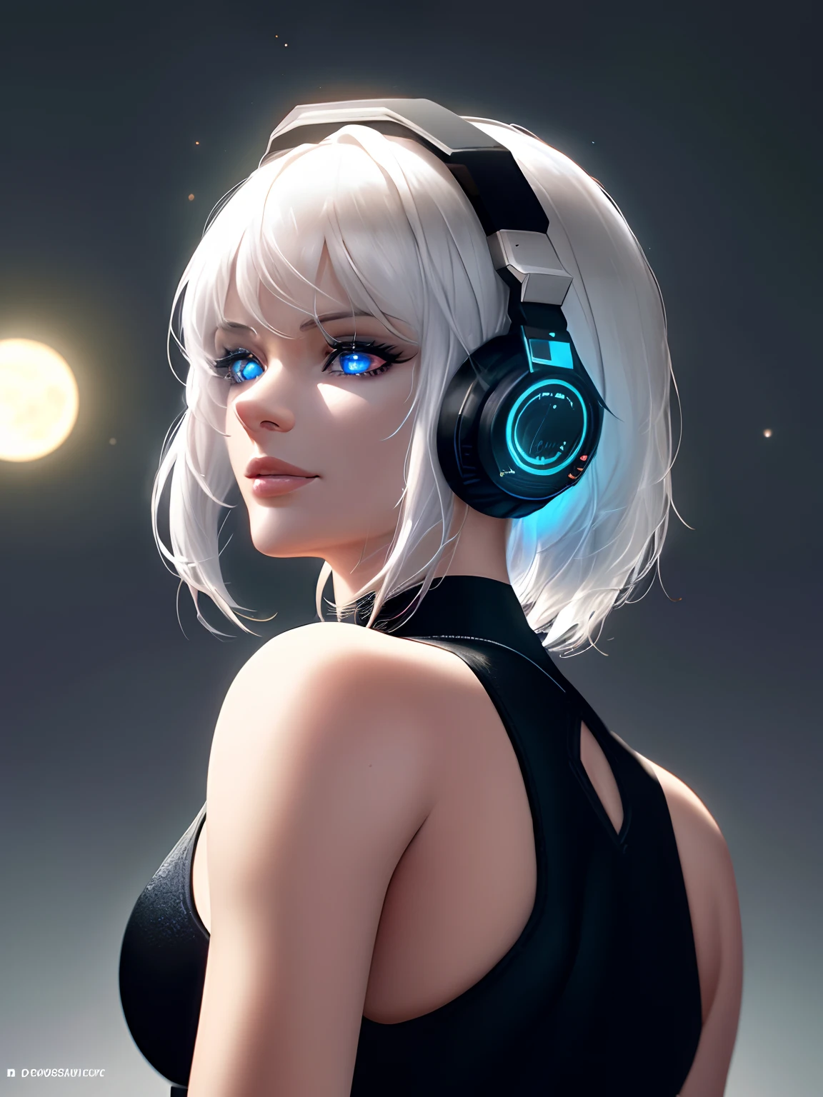 (on the moon, space, looking back into earth), white hair, black tank top, volumetric lighting, white jacket, glowing headphone, cyberpunk, futuristic, multi-color eyes, detailed eyes, hyper detailed,light smile,
highly detailed, beautiful, small details, ultra detailed, best quality, intricate, hyperrealism, sharp, digital illustration, detailed, realism, intricate, 4k, 8k, trending on artstation, good anatomy, beautiful lighting, award-winning, photorealistic, realistic shadows, realistic lighting, beautiful lighting, raytracing, intricate details, moody, rule of thirds, masterpiece, (illustration:1.1), highres, (extremely detailed CG, unity, 8k wallpaper:1.1), beautiful face, highly detailed face, ultra realistic, masterpiece, bokeh, extremely detailed, intricate, zoomout,
colorful, vibrant colors, red nail polish, side view,