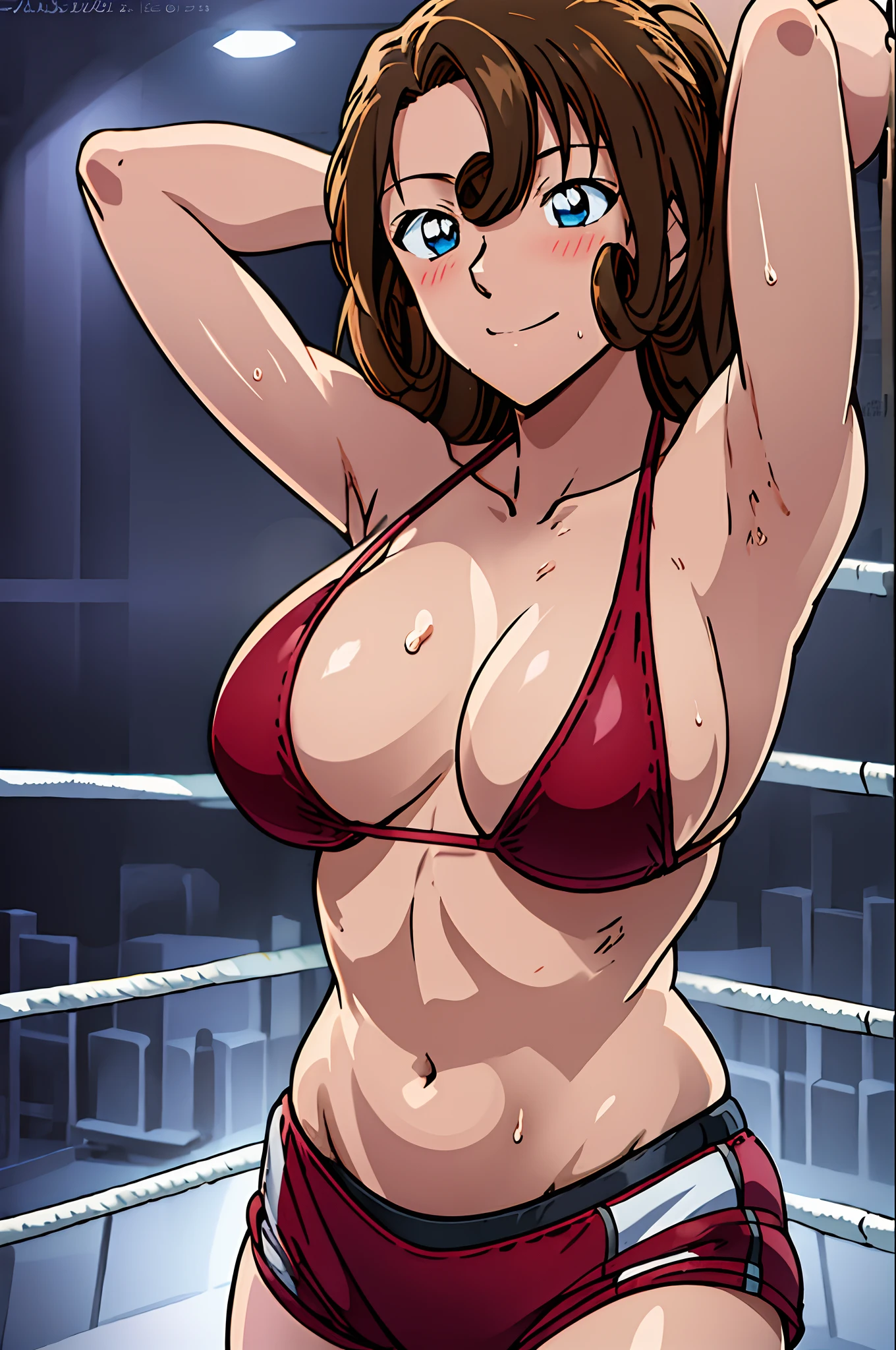 poster, anime style, hires ((wrestling ground)), (female wrestler), (slender body, sweating, tired), mature woman, milf, (bikini, ultra detailed pro wrestling gear) victorious, gorgeous, winner, kind face, smile, closed mouth, (pale skin, shiny skin, lighting and shadow), big breasts, (only one arm stretching), long belly, closed fists, seductive, (brown, long hair)