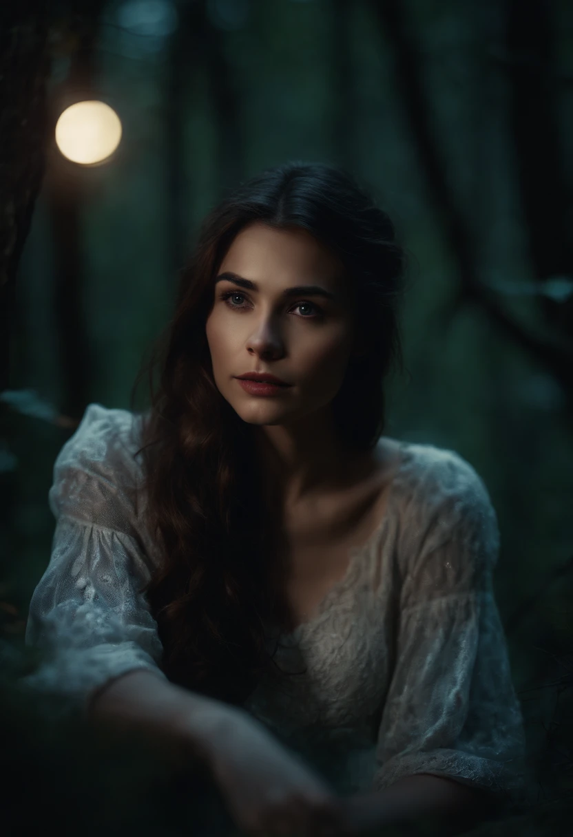 Wolf brunette girl in dark forest under moonlight