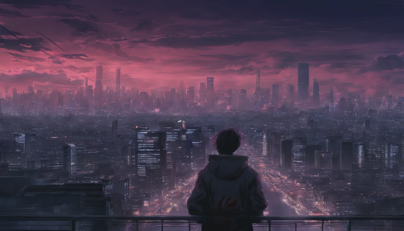 Close-up of the city with neon sunset in the background, Synthwave City, vaporwave city, Synthwave aesthetics, Neon City in the background, Background of Neo Tokyo, Neon metropolis in the background, Futuristic urban background, cyberpunk aesthetics, The city's backstory is cyberpunk, Purple Cyberpunk City, cyberpunk city background, cyberpunk aesthetics, cyberpunk atmosphere, Cyberpunk cityscape,anime clouds, Anime background, anime sky, in style of makoto shinkai, Beautiful puffy clouds. the anime, style of makoto shinkai, makoto sinkai!, beautiful anime scenery, based on Makoto Shinkai, Anime Landscape Wallpaper, makoto sinkai!!, Makoto Shinkai art style,japanaese girl,pale skin,beatiful face(purple hair)red jacket,Tokyo at night, with Cyberpunk style,Japanese streetwear,Tokyo Fashion,In a Cyberpunk 2 jacket 0 7 7,Full-length,attractive pose,Bottom view