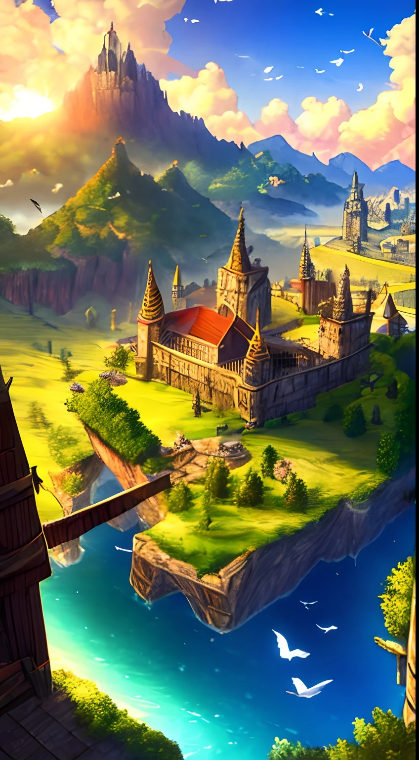 medieval kingdom. Sunny morning. 8K resolution. Ratio 3:2. Very high drawing skills. Bird's eye view. Very stunning view. amazing lighting effect. Thick medieval fantasy illustration. Very large area.