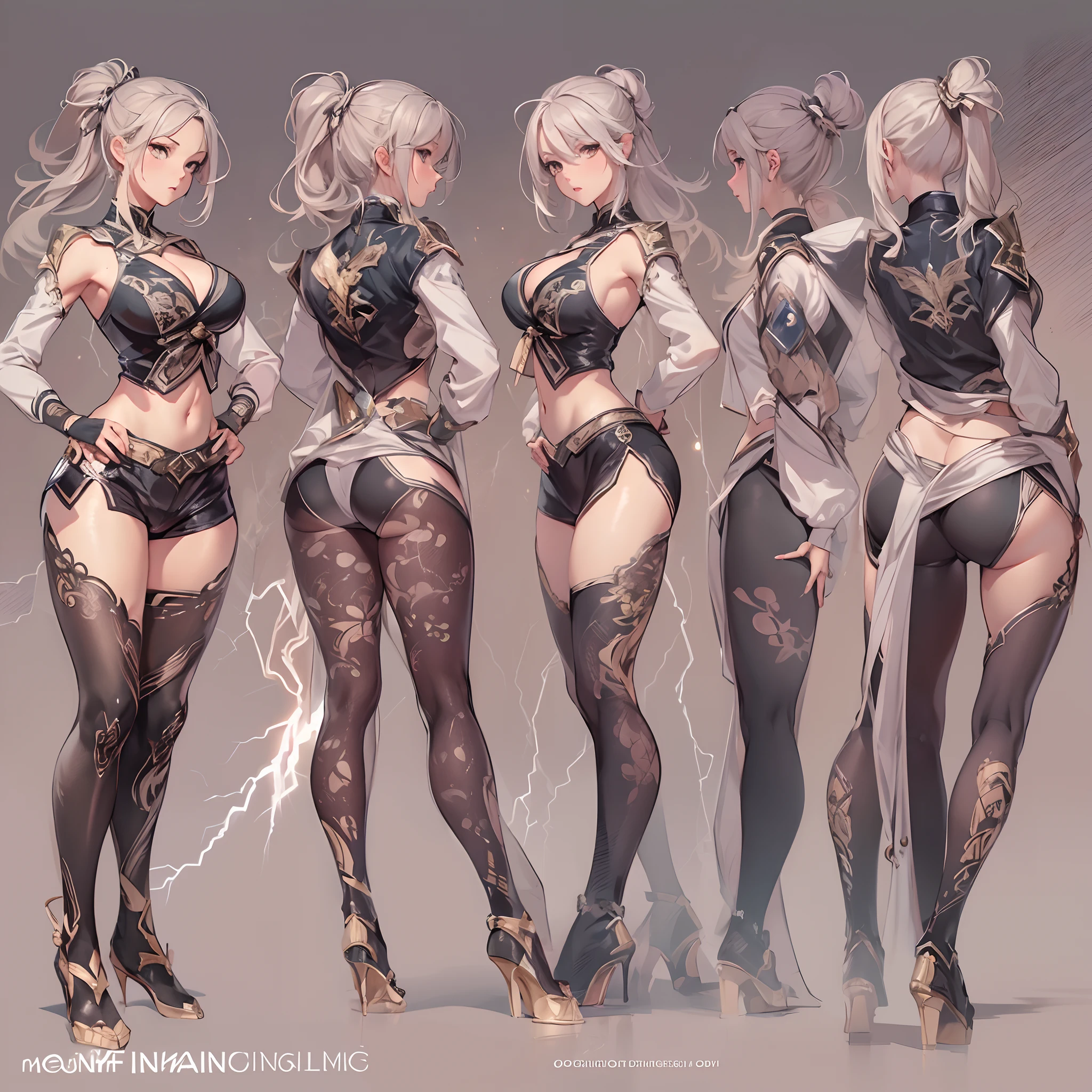 ((Masterpiece, Highest quality)), Detailed face, CharacterDesignSheet， full bodyesbian, Full of details, Multiple poses and expressions, Highly detailed, Depth, Many parts，Martial arts girl，double-ponytail，estilo fantasia，Extremely beautiful，High Balance, Natural light, Lace，lacepantyhose，Thunder and lightning surround，Thunder surrounds，Lightning all around