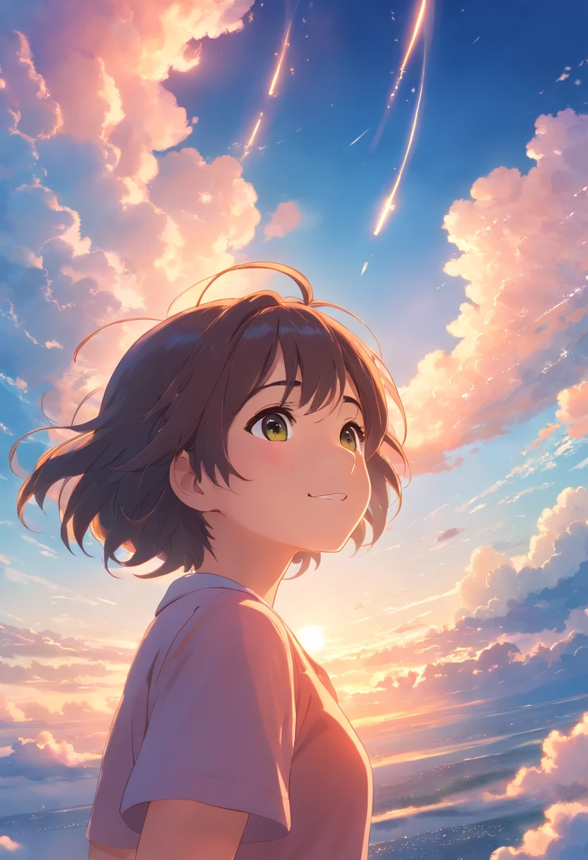 masterpiece, best quality, movie still, 1girl, cloud girl, floating in the sky, close-up, bright, happy, warm soft lighting, sunset, (sparks:0.7)