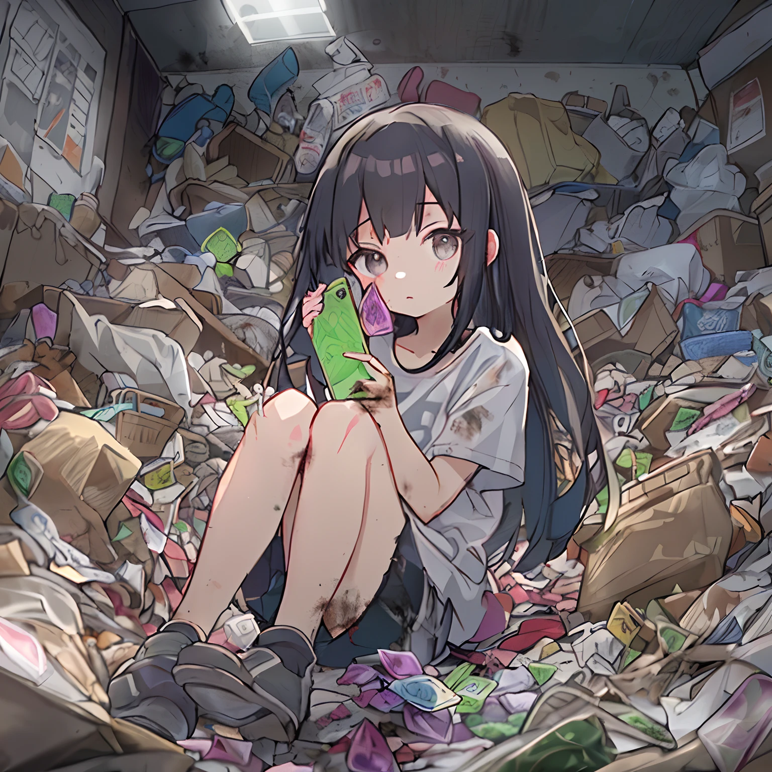 absurderes, hight resolution, (Anime style:1.1), ((masutepiece)), ((Best Quality)), (Ultra-detailed), (Beautiful), 独奏, Beautiful face、(liftup)、(Sitting on the garbage in an incredibly dirty room、Cute *********** operating smartphone:1.4)、The room is full of garbage、Garbage with rolled tissue、There are several cockroaches、,,A dark-haired、 Black eye,Ephemeral,,Looking at Viewer,Dramatic,、(full body Esbian)、14years、((Low position,From below:1.5))、Greasy hair、Unkempt hair、Detailed garbage pile on background、(I'm naked and wearing only a t-shirt:1.5)、darkened room、Scattering of food waste、(Waste from used condoms:1.4)