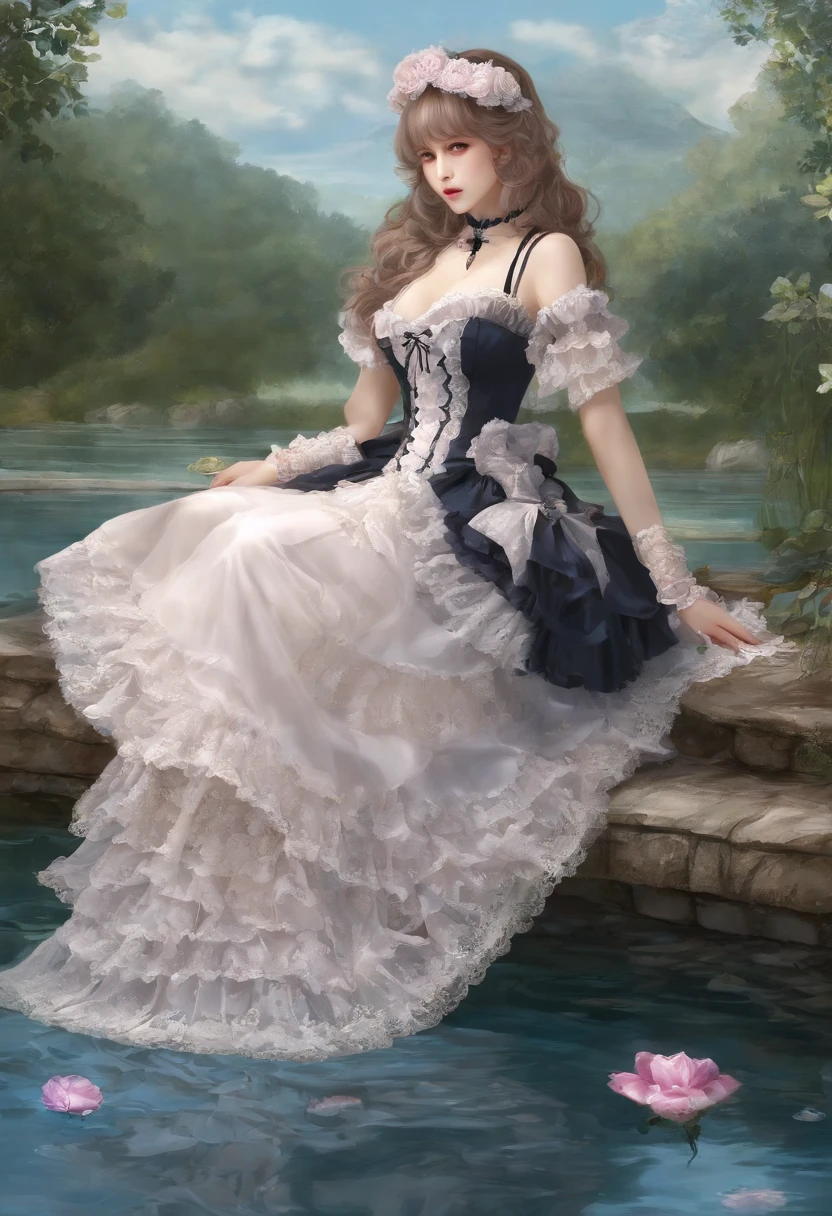 (lingerie:1.3), Takanobu Fujiwara(Takanobu Fujiwara)Digital rendering inspired by, pixiv, rococo, Victoria Gothic ta Fashion, Lolityle,lolita fon, one-piece,She is swimming in the lake,petticoat