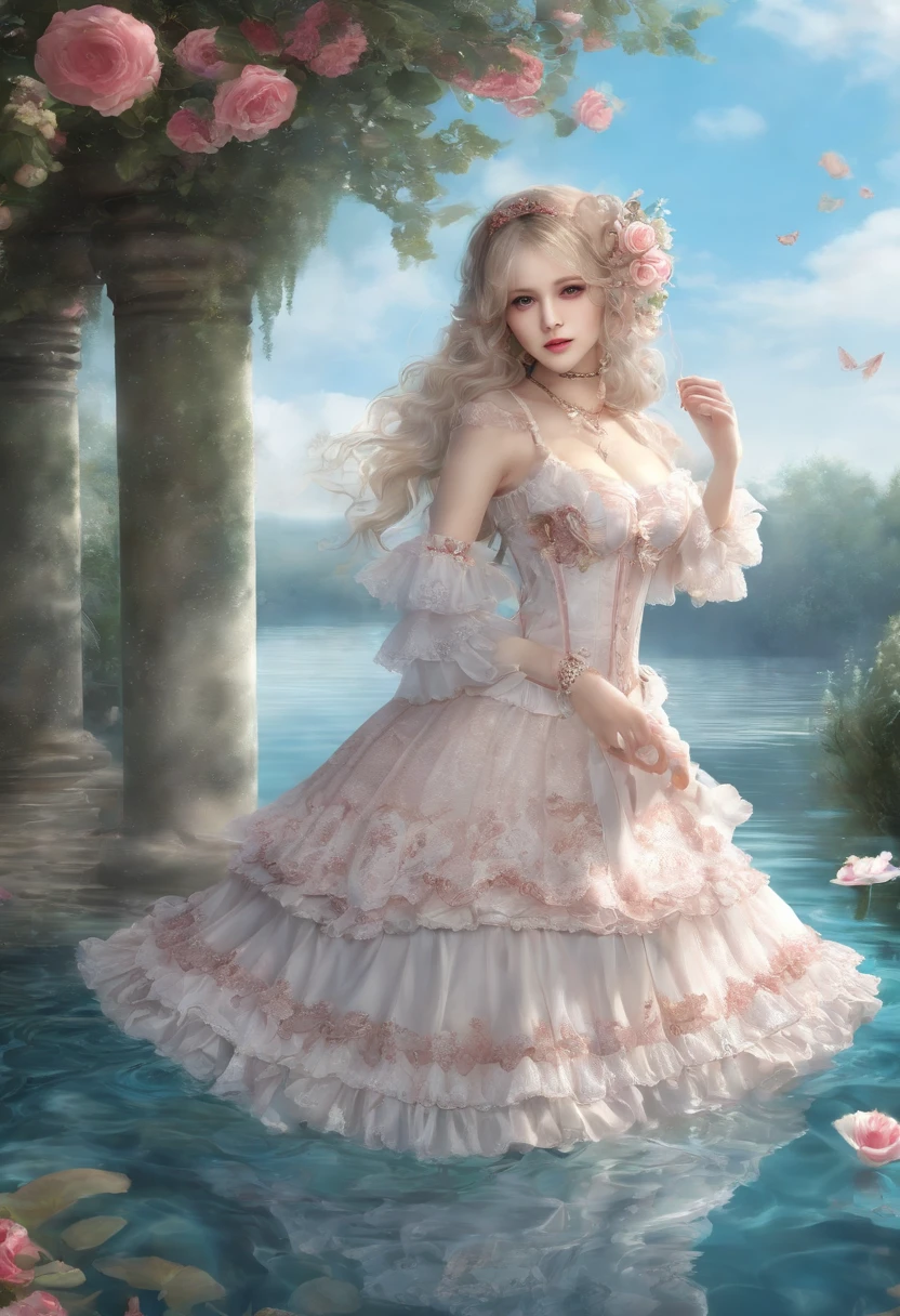 (lingerie:1.3), Takanobu Fujiwara(Takanobu Fujiwara)Digital rendering inspired by, pixiv, rococo, Victoria Gothic ta Fashion, Lolityle,lolita fon, one-piece,She is swimming in the lake,petticoat