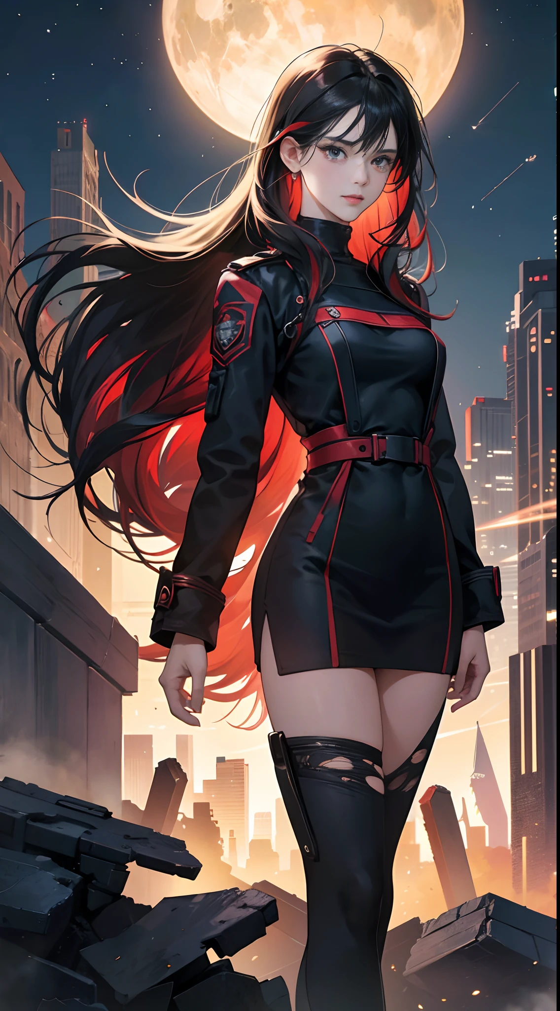 (Best Quality,4K,High resolution), 18yo woman, Red highlights on black hair, Long hair, Straight hair, Cool Woman,Cold eyes , Standing Woman,full bodyesbian,Torn clothes intricately drawn, Realistic portrayal,Even in the life I cried and laughed and dreamed of、It's a dream that pushes your back and laughs.A ruined futuristic city,Brilliant night sky,Vibrant colors