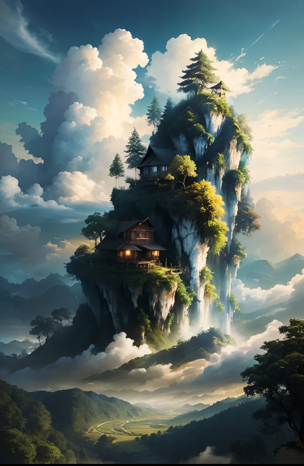 dreamlike art,hoang lap,A high resolution,tmasterpiece,best qualityer,towns,ln the forest,Mare,Skysky,clouds