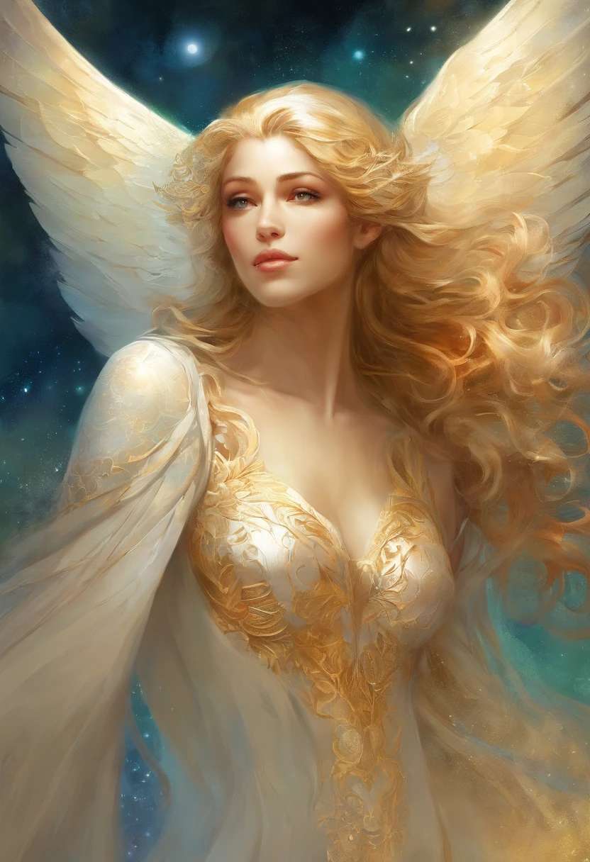 uma pintura de um anjo, com um rosto bonito, ((Dramatic look at the camera,((corpo muscular,forte,pernas bem torneadas e musculosas)), (((superior grande e forte)), ((with several huge wings)), (((Asas de Anjo)), various positions (((tiro de corpo inteiro)), homem de corpo inteiro, Frank Kelly Freas, Estilo Karol Bak, best quality,32k ultra qualidade, qualidade do papel de desfile,  imagem do filme, Classic 8K