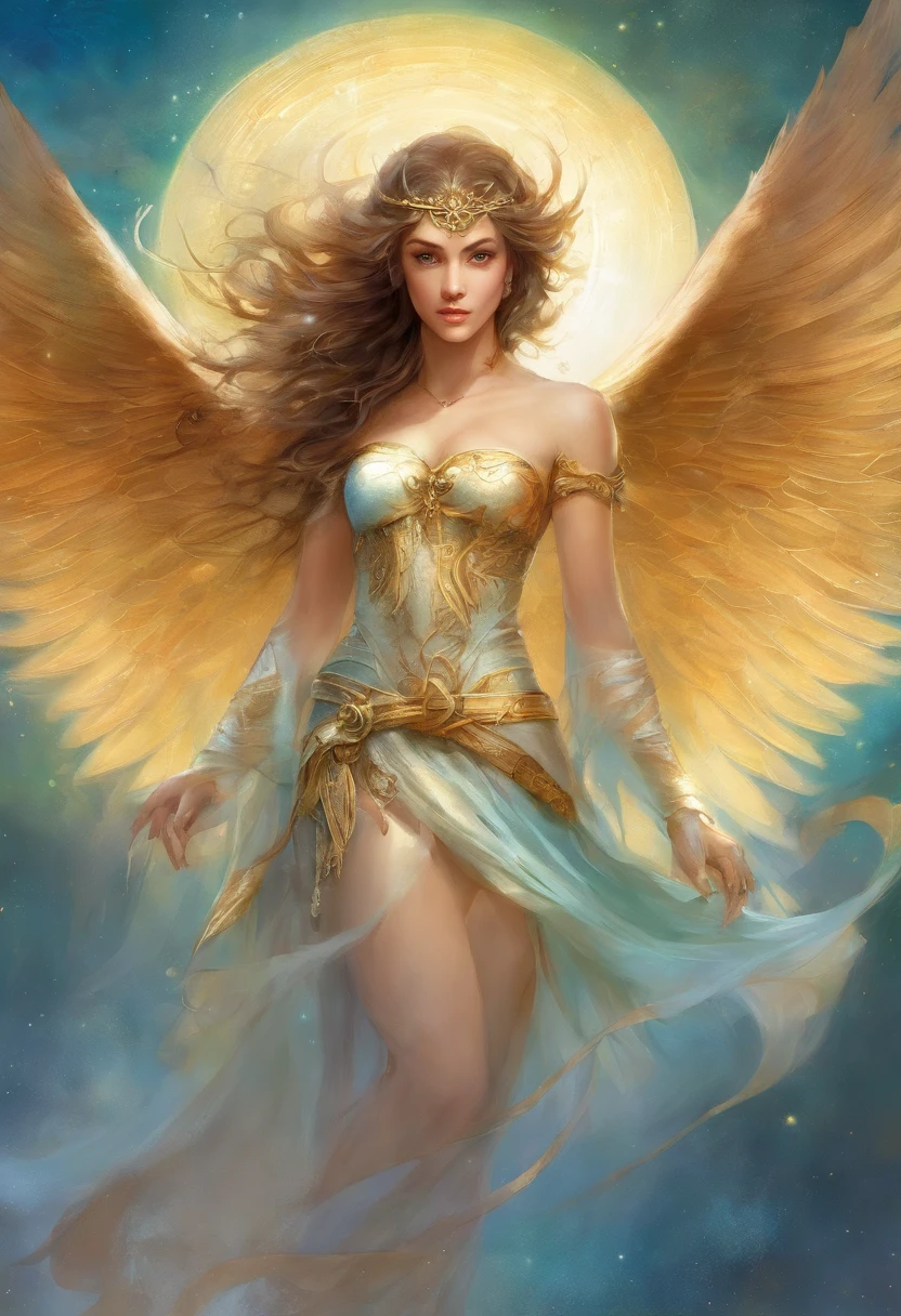 uma pintura de um anjo, com um rosto bonito, ((Dramatic look at the camera,((corpo muscular,forte,pernas bem torneadas e musculosas)), (((superior grande e forte)), ((with several huge wings)), (((Asas de Anjo)), various positions (((tiro de corpo inteiro)), homem de corpo inteiro, Frank Kelly Freas, Estilo Karol Bak, best quality,32k ultra qualidade, qualidade do papel de desfile, imagem do filme, Classic 8K
