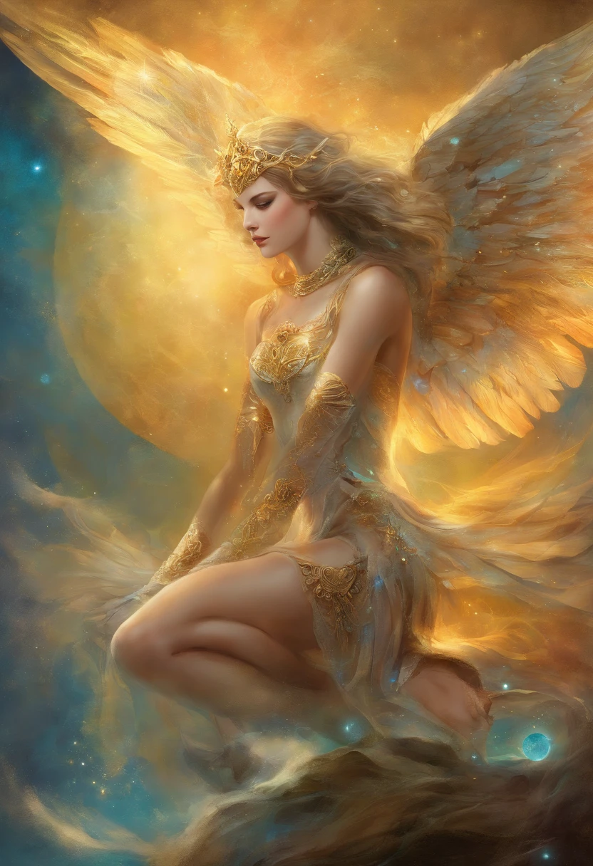 uma pintura de um anjo, com um rosto bonito, ((Dramatic look at the camera,((corpo muscular,forte,pernas bem torneadas e musculosas)), (((superior grande e forte)), ((with several huge wings)), (((Asas de Anjo)), various positions (((tiro de corpo inteiro)), homem de corpo inteiro, Frank Kelly Freas, Estilo Karol Bak, best quality,32k ultra qualidade, qualidade do papel de desfile,  imagem do filme, Classic 8K