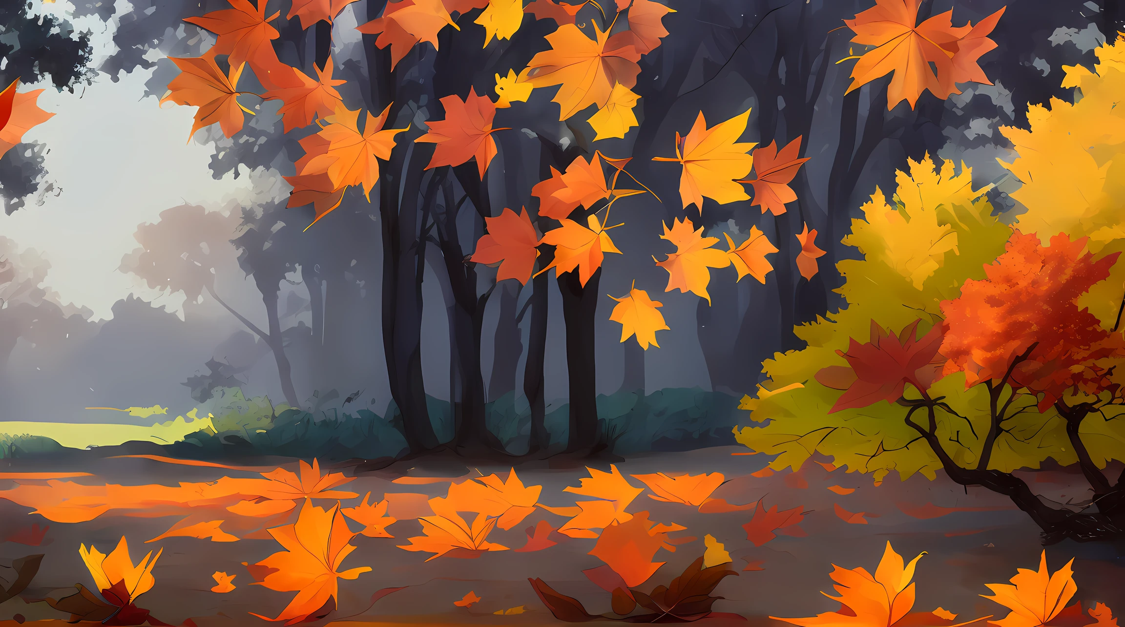 (((sunset:1.5, sunset light:1.3, moody light:1.3, cinematic light:1.3)))), An illustration of the scenery of the autumn leaves are depicted in a double layer due to the mirror reflection of Korin-in, Daitoku-ji Temple. at night, ultra-detailed, hyper-sharp, digital illustration, Place: Daitokuji Korin-in room Time: Autumn Subject: A specular reflection of autumn foliage The illustration depicts the specular reflection of autumn leaves on a table in the interior of Daitokuji Korin-in Temple. The table is in a room with a calm atmosphere like a tea room. The scenery of autumn leaves is clearly projected on the table. The scenery of autumn leaves is thought to have been seen from famous spots for autumn leaves such as the Sanmon Gate and Hojo in the precincts of Daitokuji Temple. The autumn leaves are dyed in various colors such as red, yellow, and orange, creating an atmosphere of autumn. (((In the illustration, the autumn leaves are depicted in a double layer due to the mirror reflection: 1.5))), which further emphasizes the beauty of the autumn leaves. In addition, the mirror reflection connects the interior and the landscape of the precincts, giving a sense of the depth of the space. Fittings such as shoji and fusuma in the room light from window Vividly expressing the colors of autumn leaves Emphasizing the beauty of autumn leaves by mirror reflection Expressing a space where the interior and the scenery of the precincts are connected