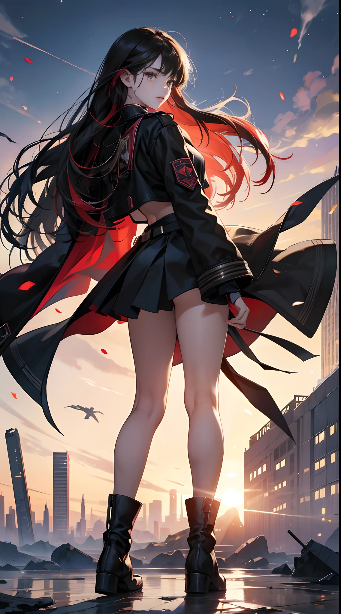 A woman in a black dress and boots standing on a city street - SeaArt AI