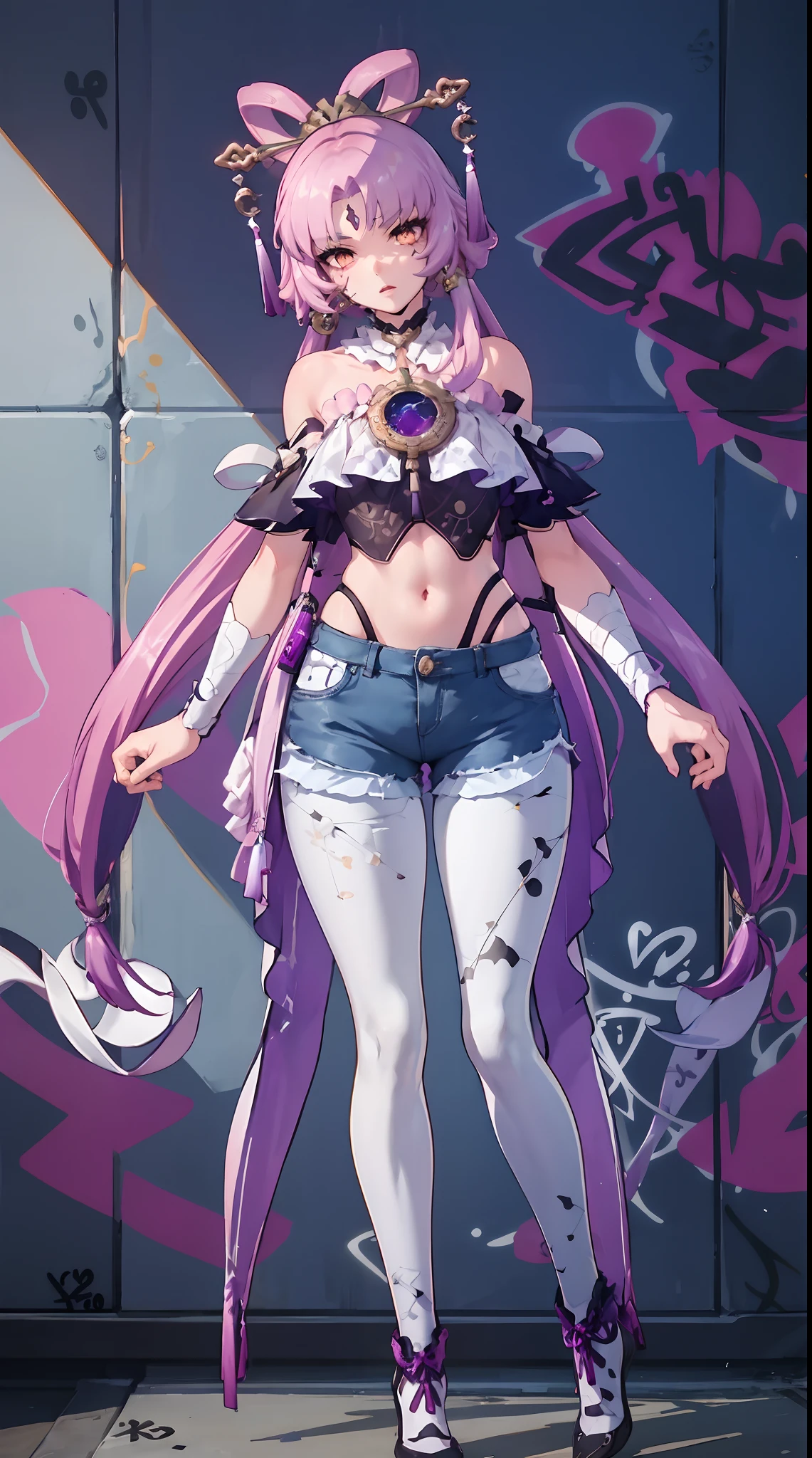 Fuxuan|honkai star rail, master-piece, bestquality, 1girls,25 years old, proportional body, elongated legs, Beautiful, proportional., crop top, Long Jeans, gigantic breasts, ,bara, crop top, choker, (Graffiti:1.5), Splash with purple lightning pattern., arm behind back, against wall, View viewers from the front., Thigh strap, Head tilt, bored,